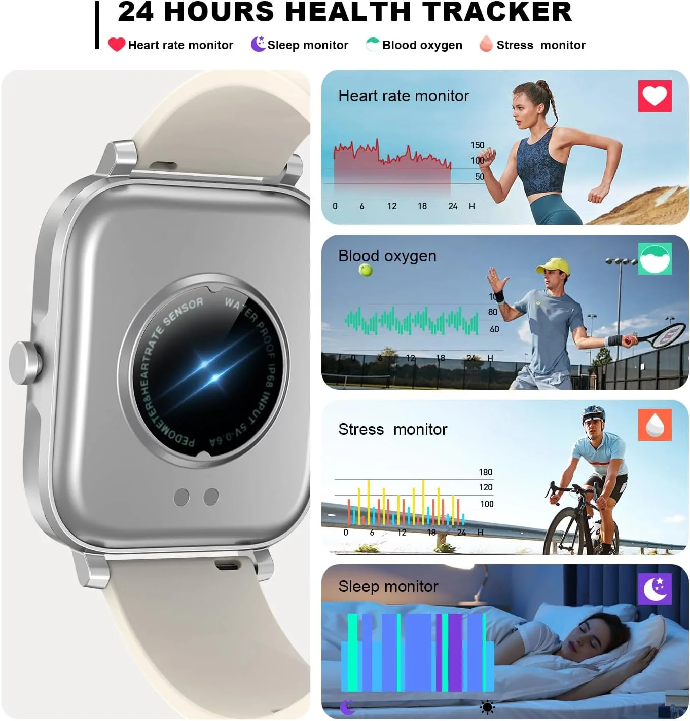 Smart Watch for Men Women Compatible with iPhone Samsung Android Phone 1.69 inch Full Touch Screen IP68 Waterproof Bluetooh Fitness Tracker Heart Rate/Sleep Monitor (Starlight)