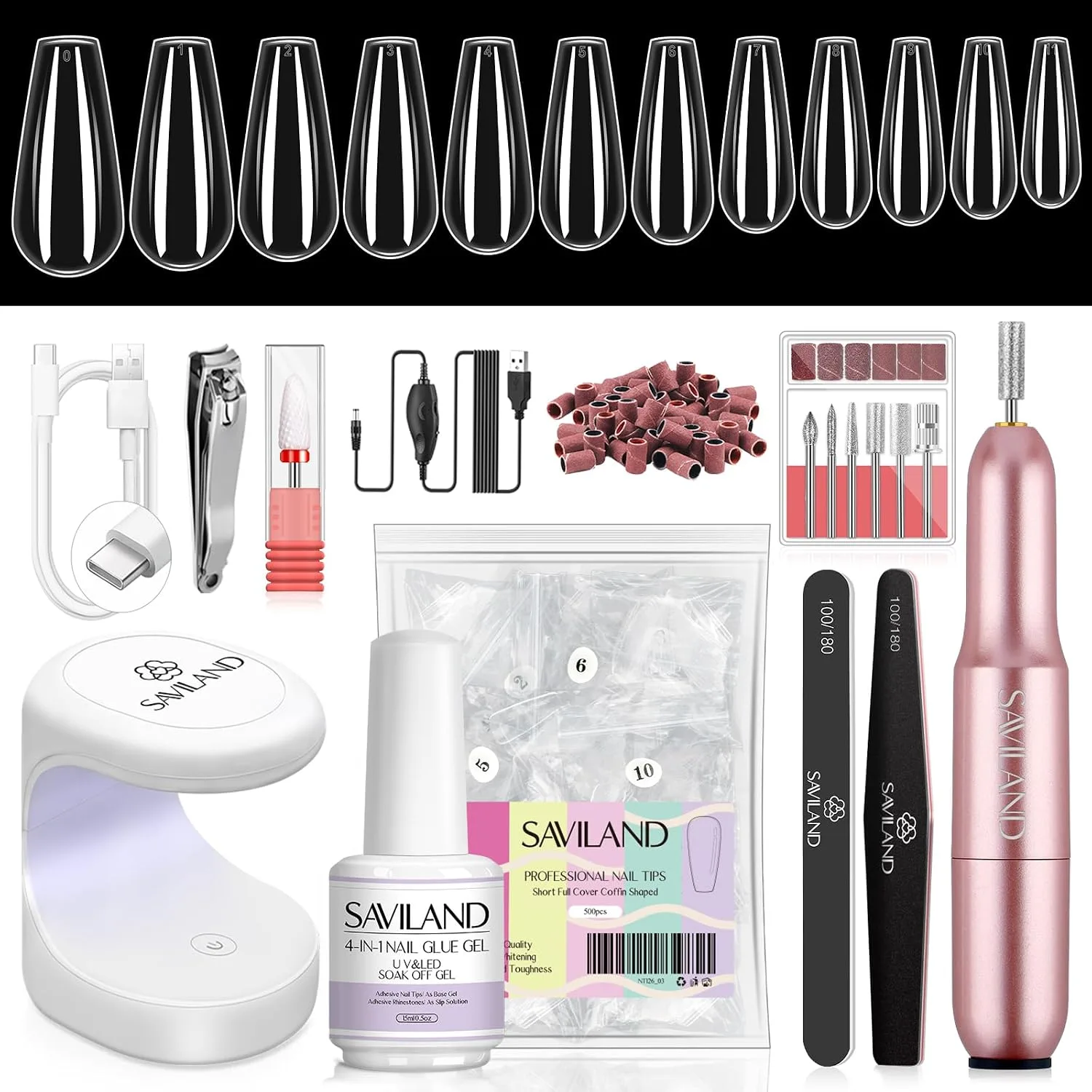 SAVILAND Short Coffin Gel Nail Extension Kit, 500 Tips, Drill and U V Lamp