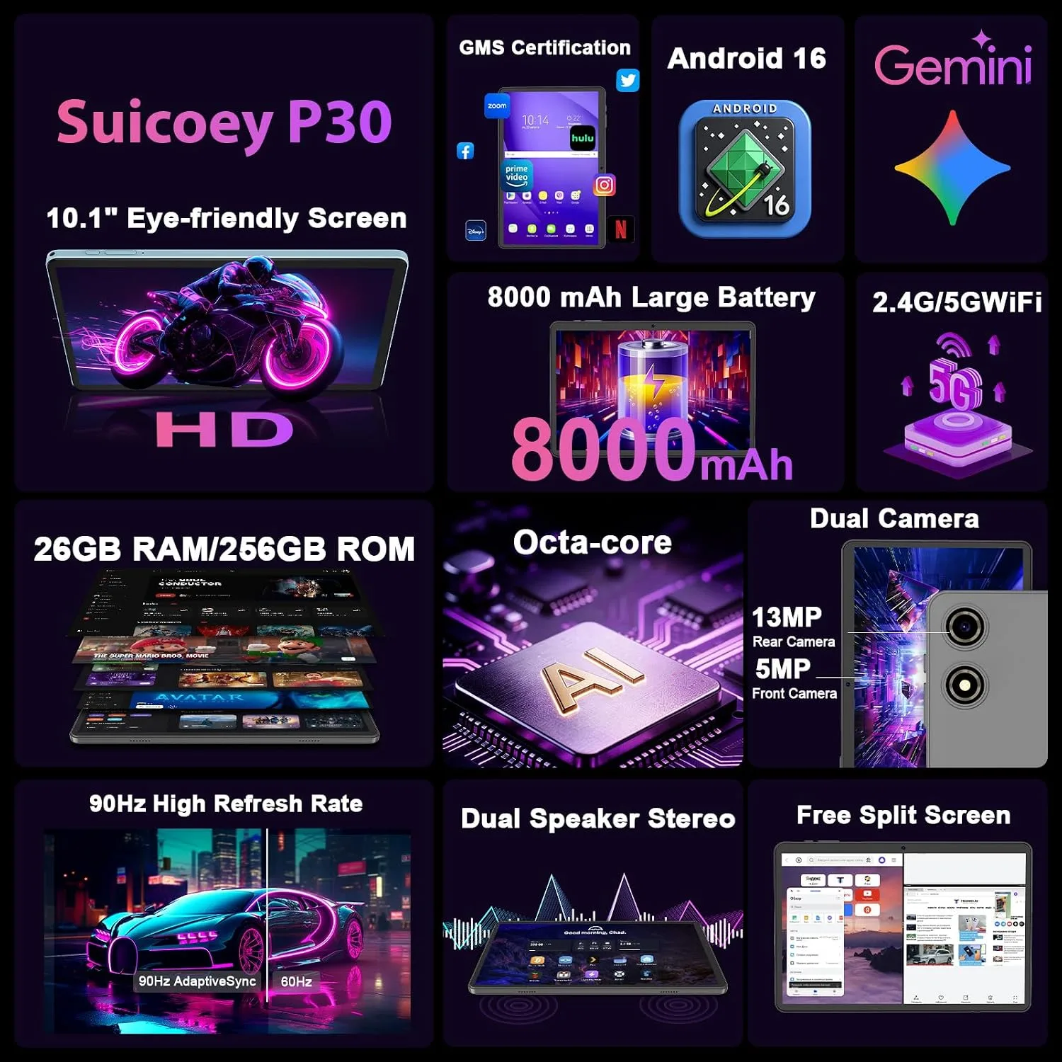 Android 16 tablet 10 inch, Android Tablet with Keyboard, 26GB+256GB+2TB Expand, Electronic Tablet PC with Gemini, 8-Core, 8000mAh, 5G WiFi, GPS, GMS, 2 in 1 Tablet with Case/Mouse/Stylus(Silver Case)