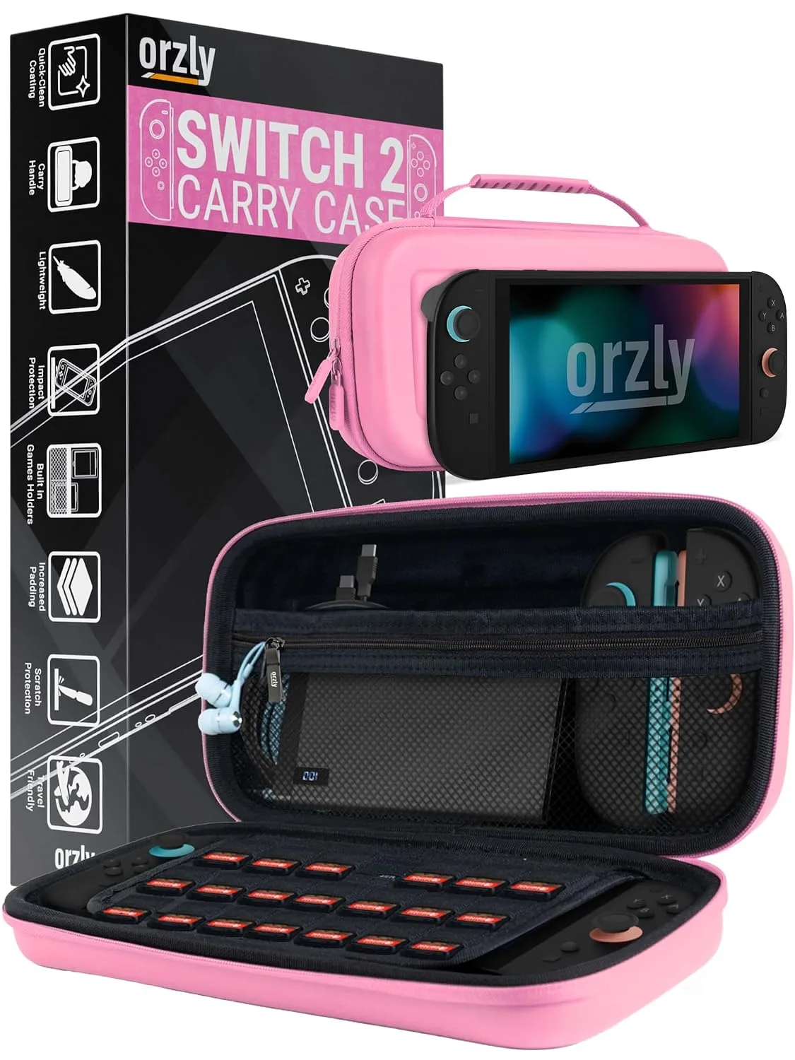 Orzly Case Compatible with Nintendo Switch 2 – Protective Travel Carry Case with Screen Padding, Game Card & microSD Slots, Zipped & Open Pockets for Accessories – 7.9" Gift Boxed