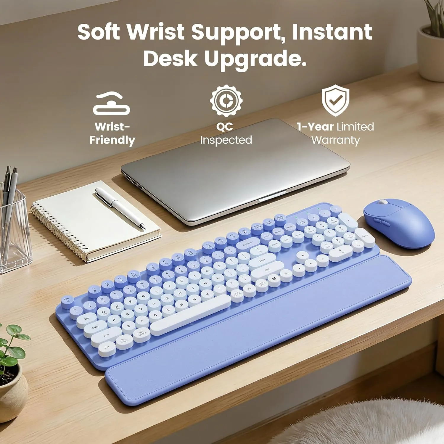 Wireless Keyboard and Mouse Combo, Magnetic Soft-Touch Wrist Rest, Purple