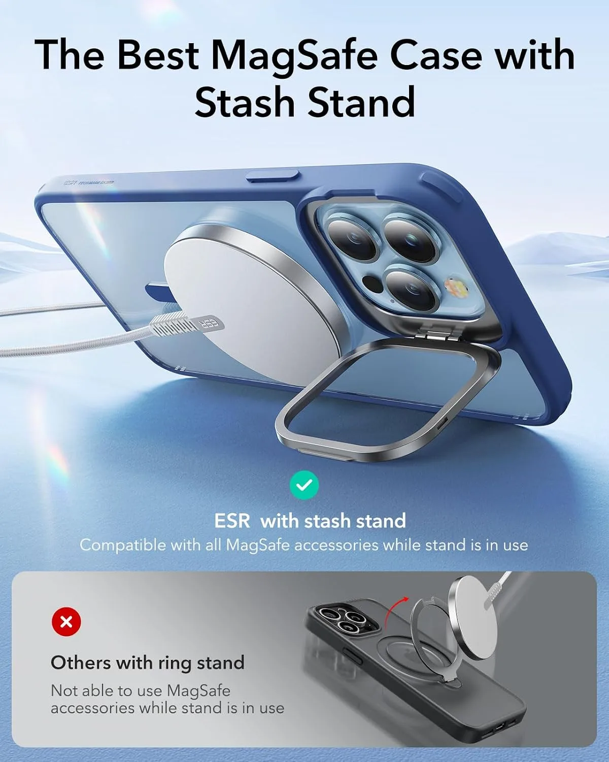 ESR Classic Hybrid for iPhone 13 Pro Max Case with Flex Stand, Clear Blue