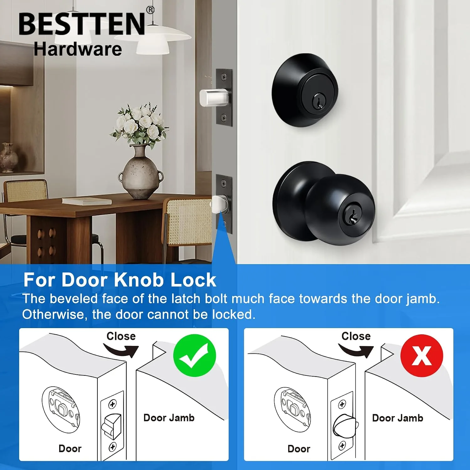 BESTTEN Exterior Door Knob with Key Lock and Deadbolt, Keyed Alike