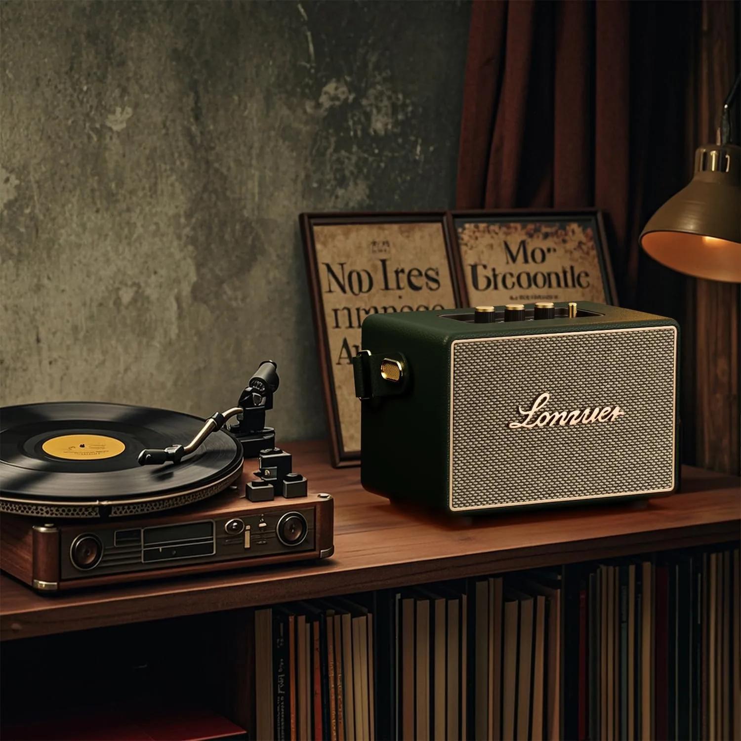 Vintage Home Decor Wireless Bluetooth Wooden Carrying Portable Speaker Deep Bass with Fabric Grill Leather Strap Handle-Green