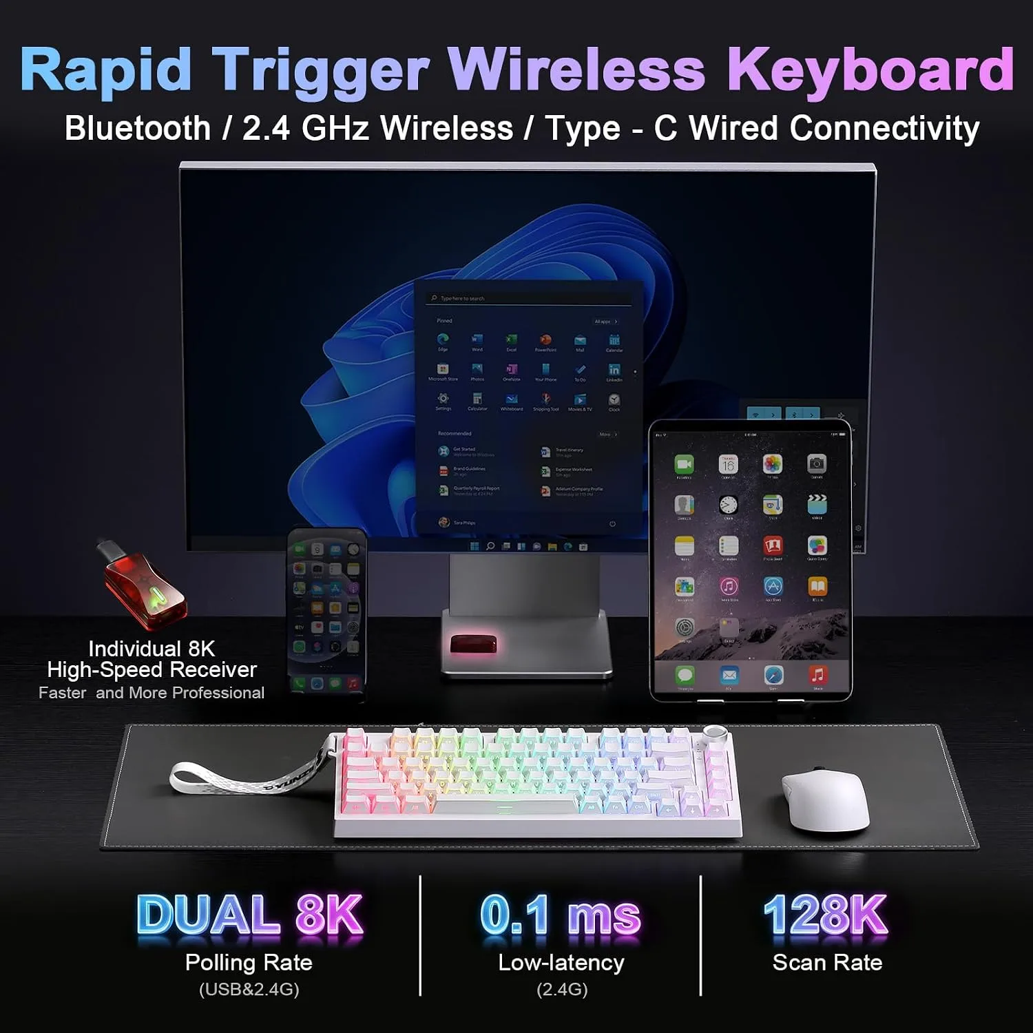 YUNZII RT75 PRO Dual 8K Wireless Gaming Keyboard(White, Red Switch)