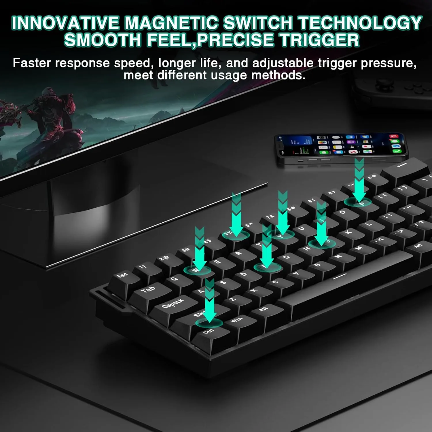 Aula MINI60 HE Wireless Gaming Keyboard 60%,Hall Effect Rapid Trigger Magnetic Keyboard,8000Hz Polling,Tri-Mode(BT5.0/2.4GHz/USB-C),Hot Swappable Compact Mechanical Keyboard for Gamer(Black)