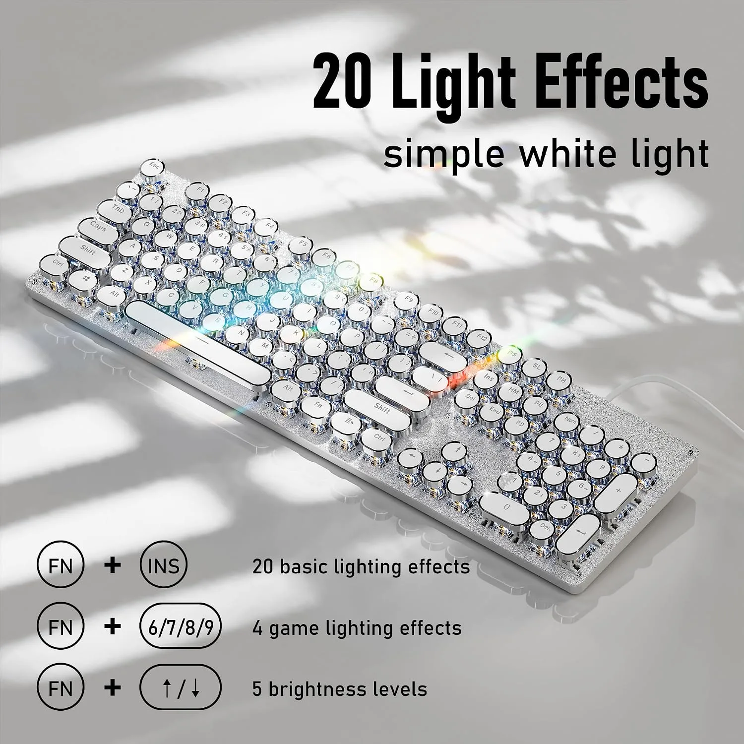 Wired Typewriter Style Mechanical Gaming Keyboard with White Backlit-White