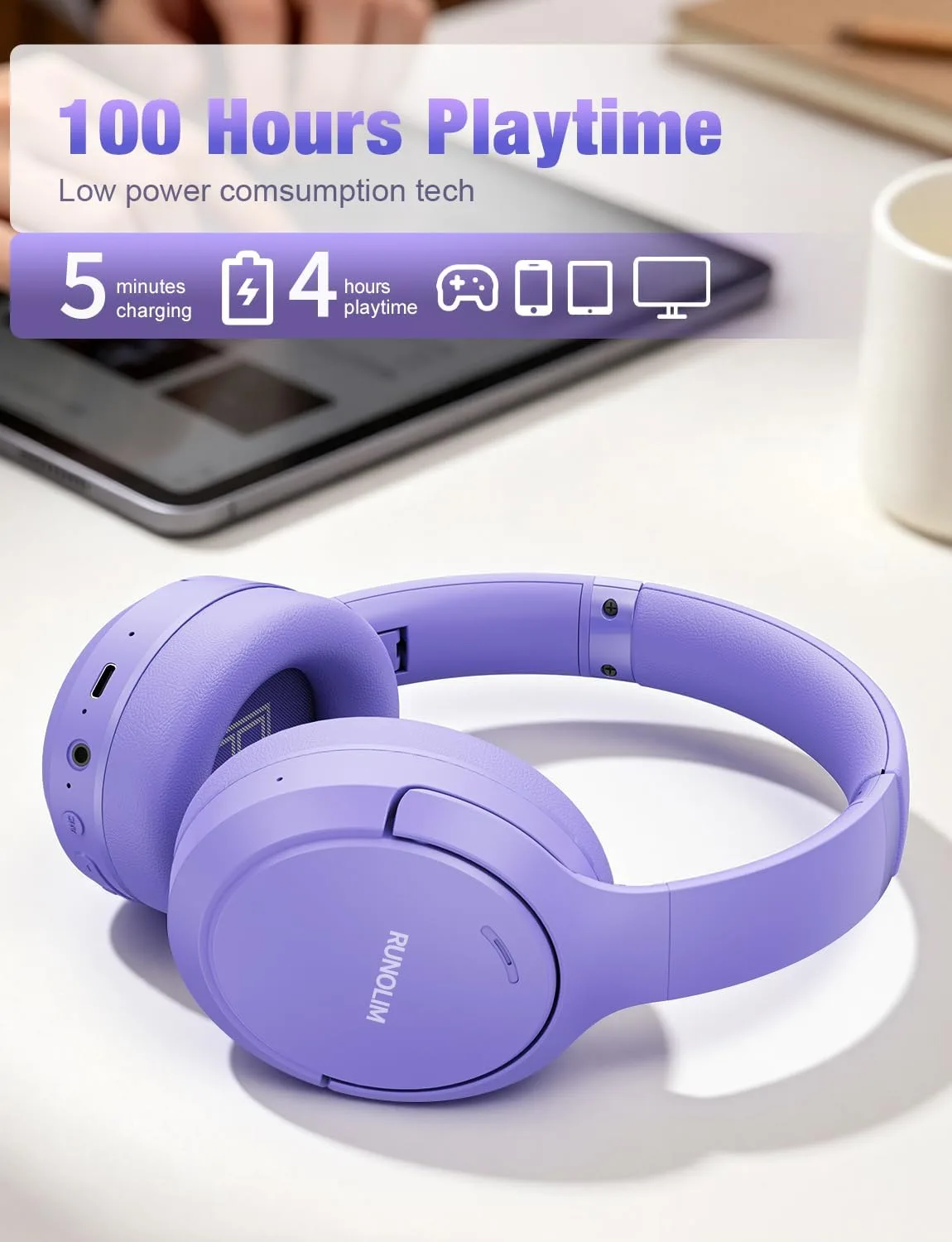 RUNOLIM Active Noise Cancelling Headphones, Wireless Bluetooth Over Ear