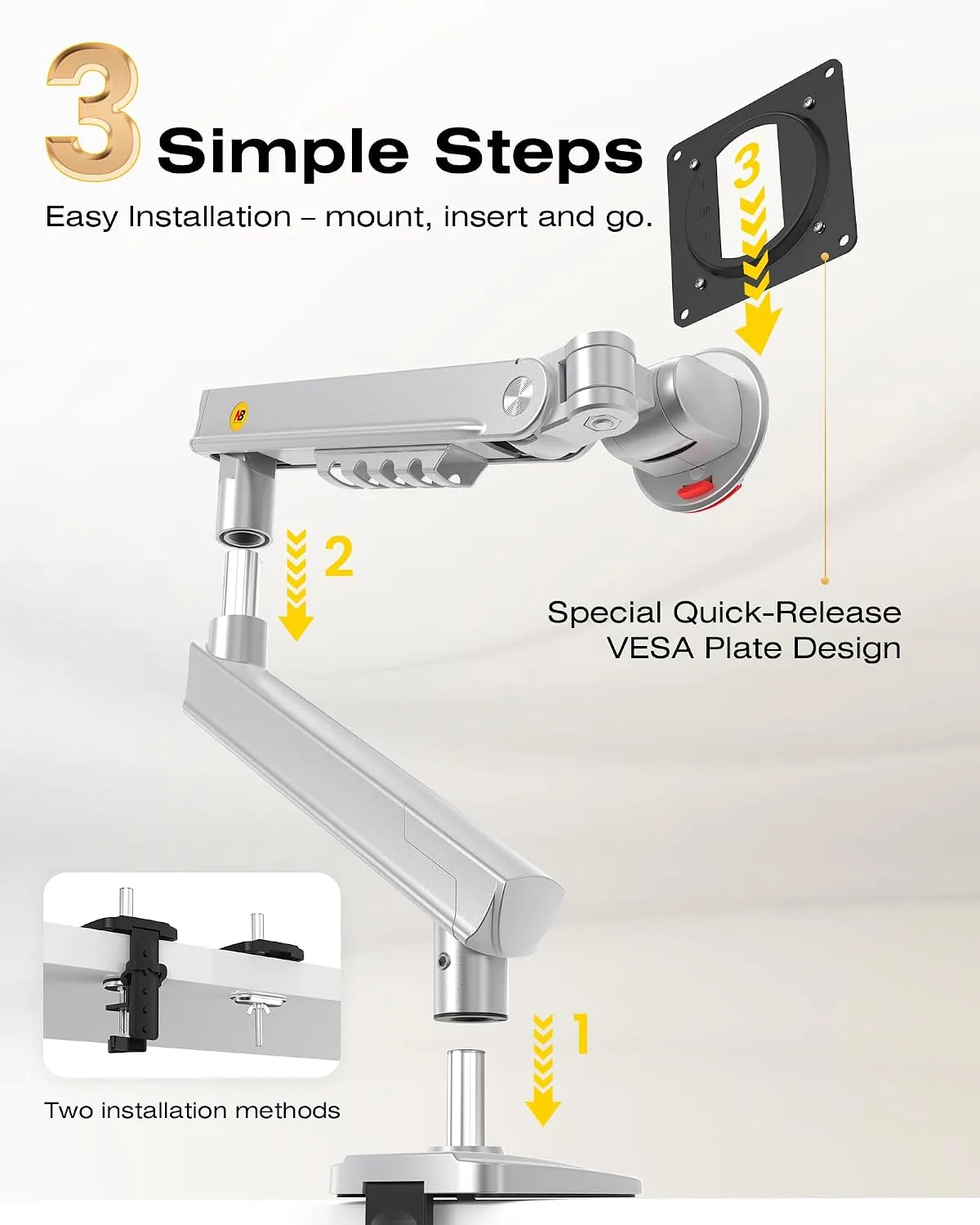 NB SmooVex™ Monitor Arm, Monitor Stand fits up to 32 Inch, Mechanical Spring Monitor Arm, VESA 75/100 mm, Model-A5 (Silver)