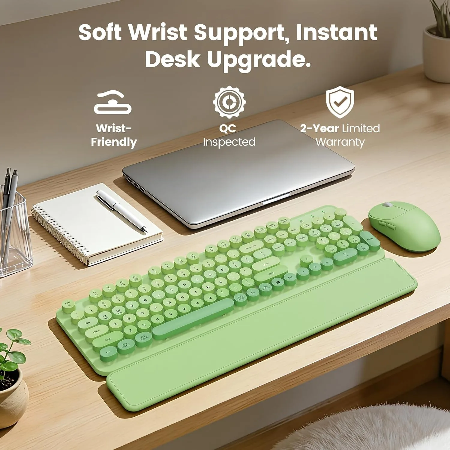 Wireless Keyboard and Mouse Combo, Magnetic Soft-Touch Wrist Rest, Round Keycaps, Full-Size Retro Typewriter Keyboard, 2-Stage Tilt Legs, Auto Sleep, 2.4GHz Cordless for Windows PC (Green Ombre)