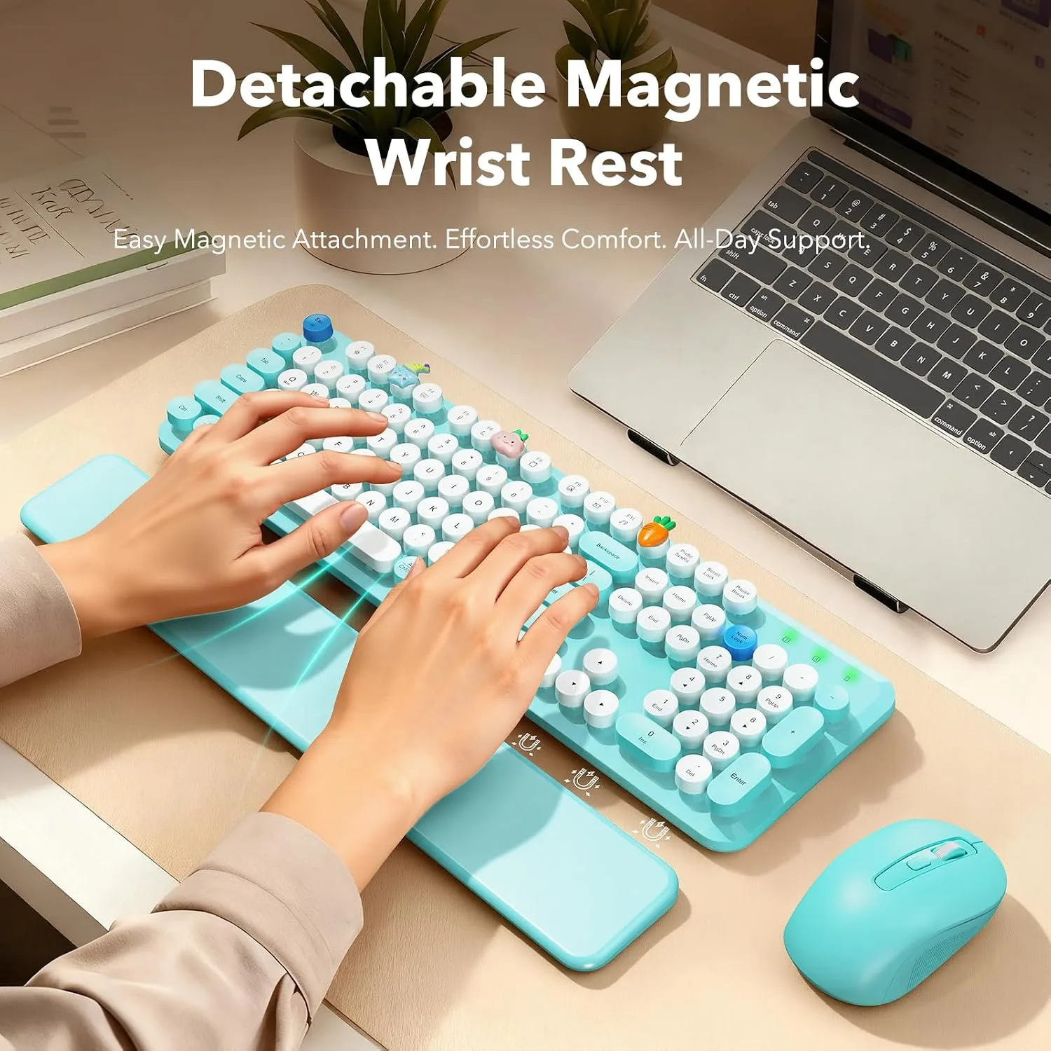 Wireless Keyboard and Mouse Combo, Round Keycap, Magnetic Wrist Rest, Blue