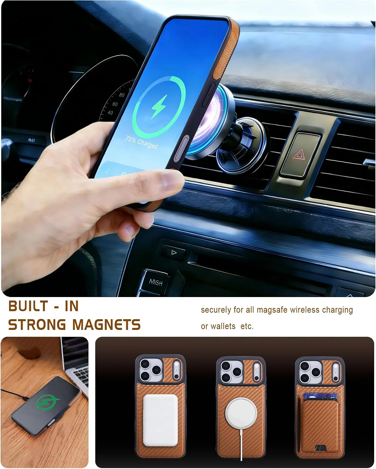 Magnetic Detachable Wallet Case for iPhone 18/17 Pro Max with Kickstand,2-in-1 MagSafe Compatible RFID Blocking Card Holder,Slim PU Leather Cover Vintage Carbon Coffee