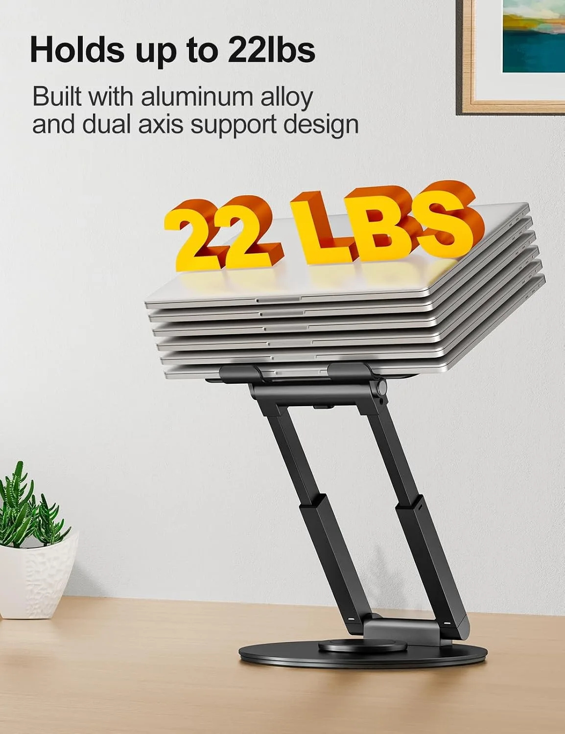 tounee Telescopic Laptop Stand for Desk with 360° Swivel Base, Sit to Stand, Height Adjustable, Portable Riser Holder for Good Posture, Compatible with MacBook Pro, All Laptops 10-17" - Black
