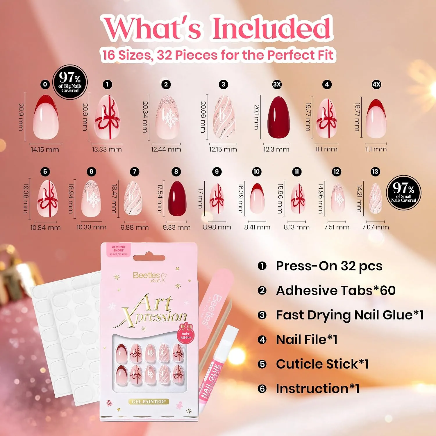 Beetles Christmas Press On Nails with Glue, 32 PCS Short Almond