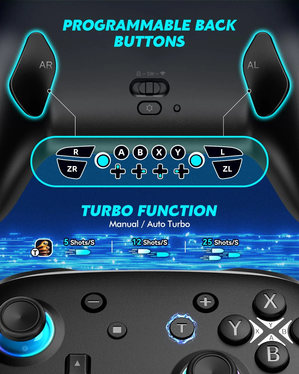 Switch Controller, Wireless Bluetooth Controller for Nintendo Switch 2/Switch/Lite/OLED, game controllers Compatible with iPhone/Mac/iPad/iOS/Android/Phone/PC/Steam and TV with Rotary Motors, RGB Hall Effect Joysticks/Macro Back Buttons/Turbo Modes/6-Axis/Motion/Wake up (Light Black)
