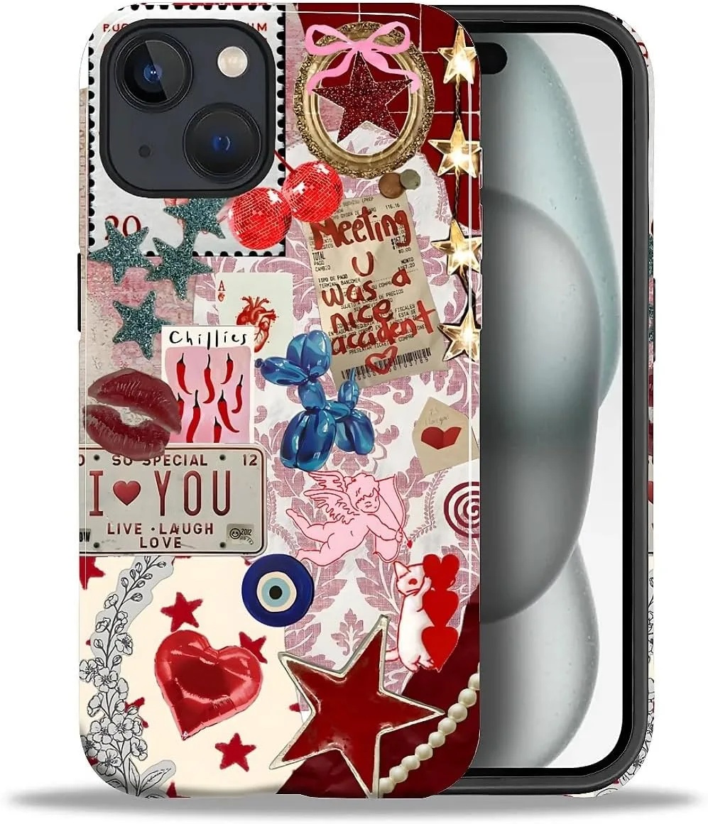 DAIZAG Case for iPhone 15,Mixed 2 Layer Design Shockproof Soft TPU Ddouble Protection Phone Case for iPhone 15-Conch Red Pearl Collage
