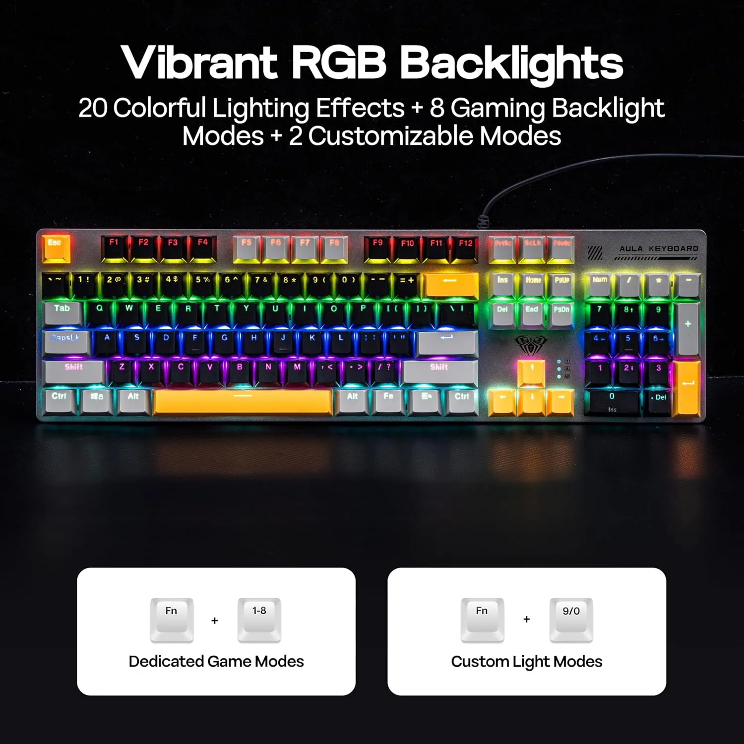MechLands Aula S500 Wired Gaming Keyboard, 100% Full Size Mechanical Keyboard with Number Pad, 104 Keys, NKRO, RGB Backlits, Shine Through Keycaps, Ergonomic for PC E-Sports (Black&Grey, Blue Switch)