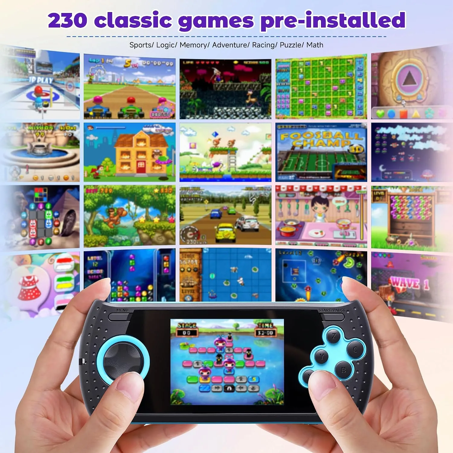 16 Bit Handheld Game for Kids Built-in 230 HD Classic Retro Video Games USB Rechargeable 3.0 Inch Childrens Travel Electronics Toys Portable Gaming Player System Gift for Boys Girls Ages 4-8-12