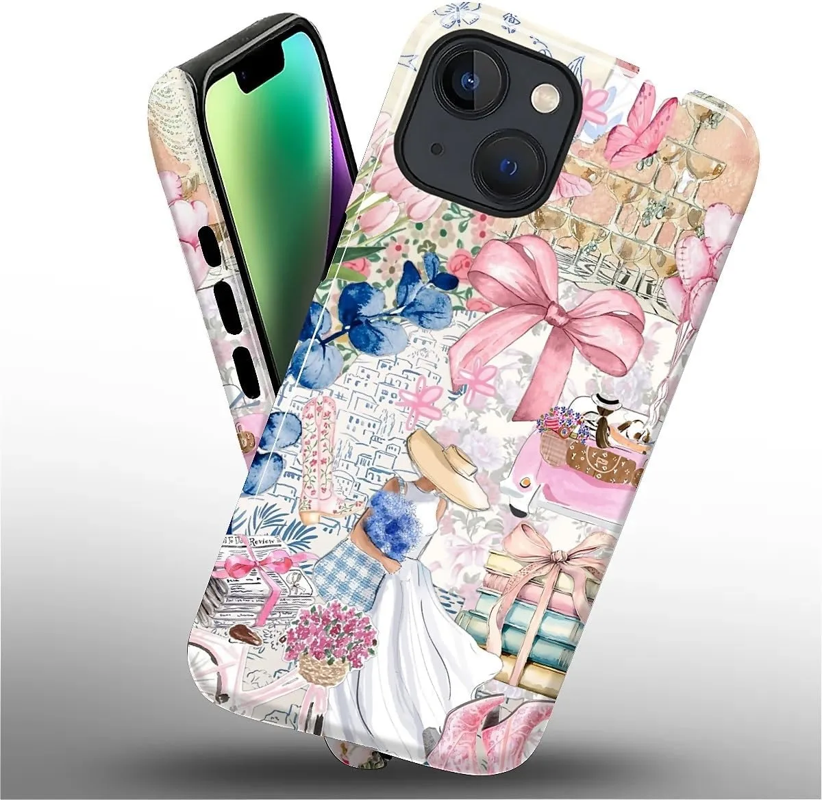 DAIZAG Case for iPhone 13/14,Mixed 2 Layer Design Shockproof Soft TPU Ddouble Protection Phone Case for iPhone 13/14-Magazine Books Flower Bow Collage