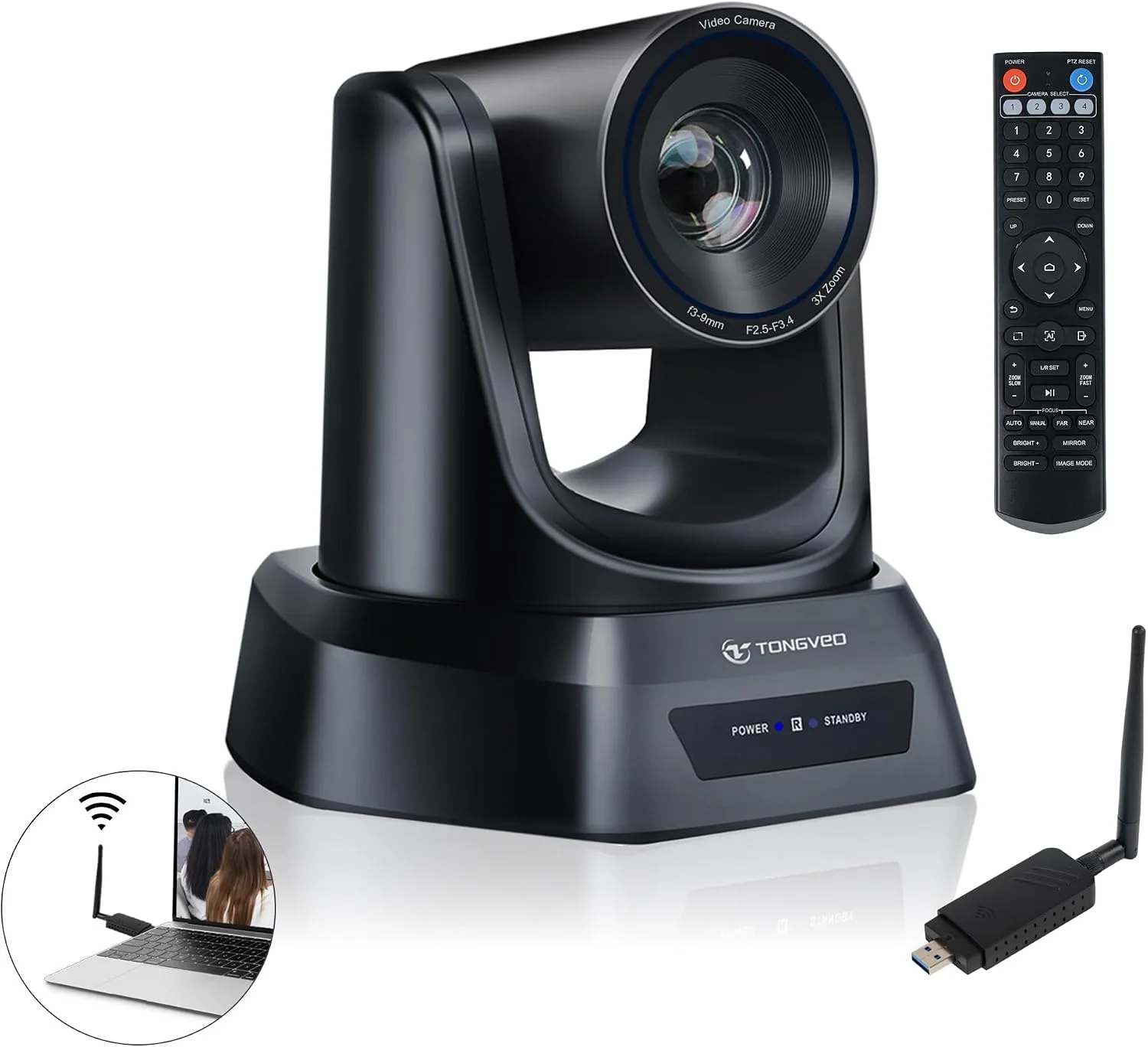 TONGVEO Wireless AI PTZ Camera with Auto-Tracking: Built-in 5.8GHz Receiver for Cable-Free Setup, 1080P 60fps 3X Zoom Conference Camera for Church Services, Online Classes & Hybrid Meetings