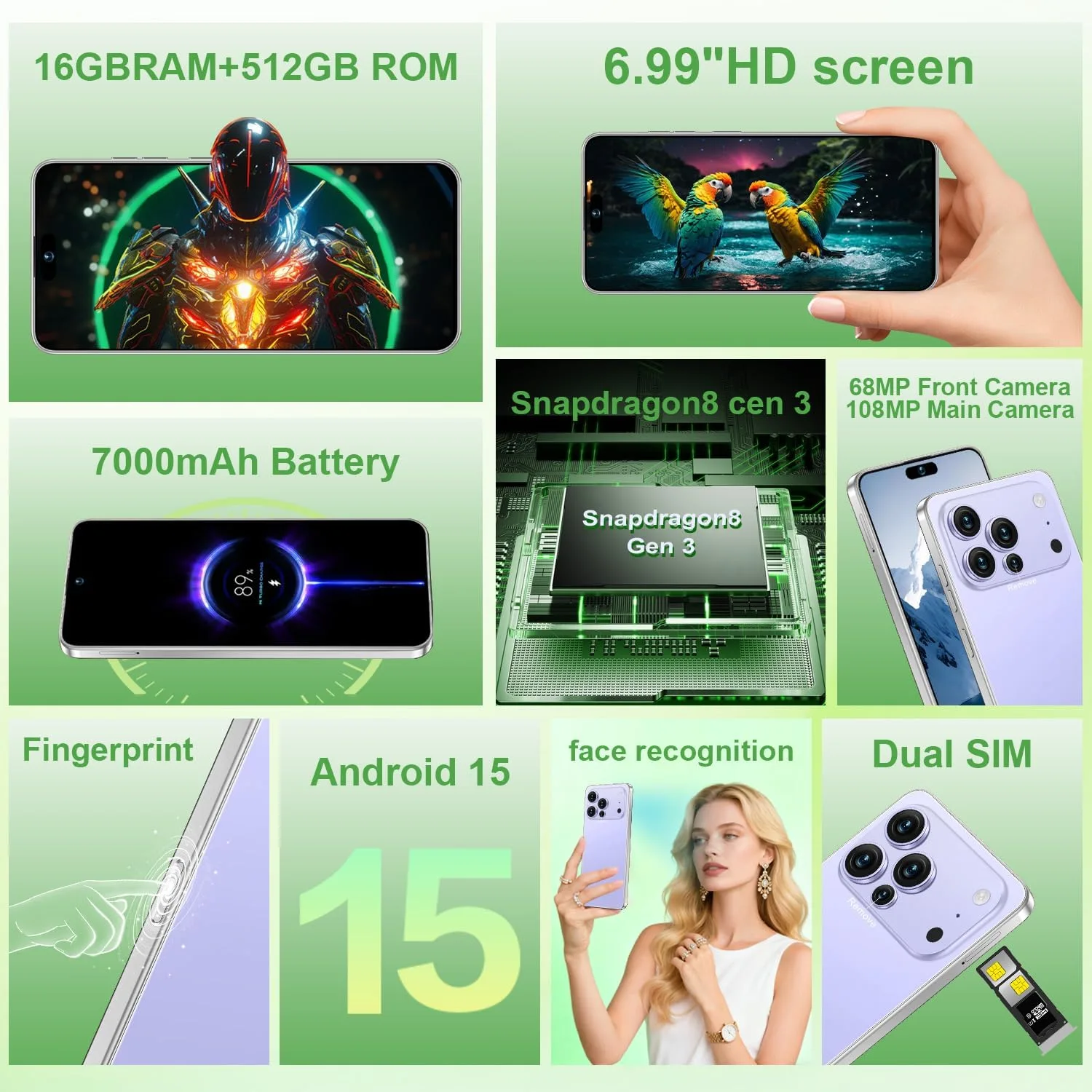 Huness 17 PM Smartphone Unlocked Cell Phone,6.99" HD Screen Unlocked Phone,16+512GB Android 15 Battery 7000mAh,Face ID/Dual SIM/5G/Fingerprint Button Unlock/Photos/GPS (Purple)