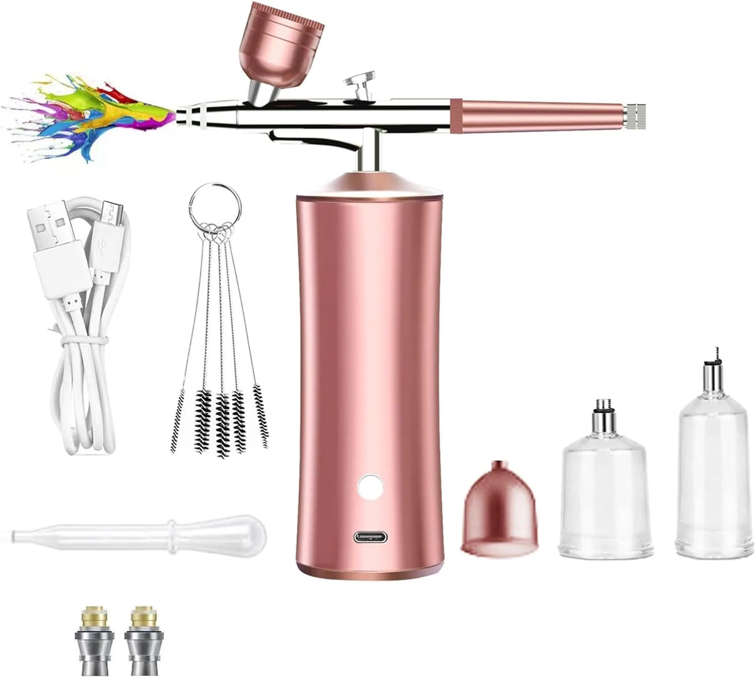 Airbrush Kit with Compressor, Rechargeable Cordless Air Brush Nail Machine with 0.3mm Nozzle and Cleaning Brush for Nail Art, Makeup, Painting, and Cake Decorating (Pink)