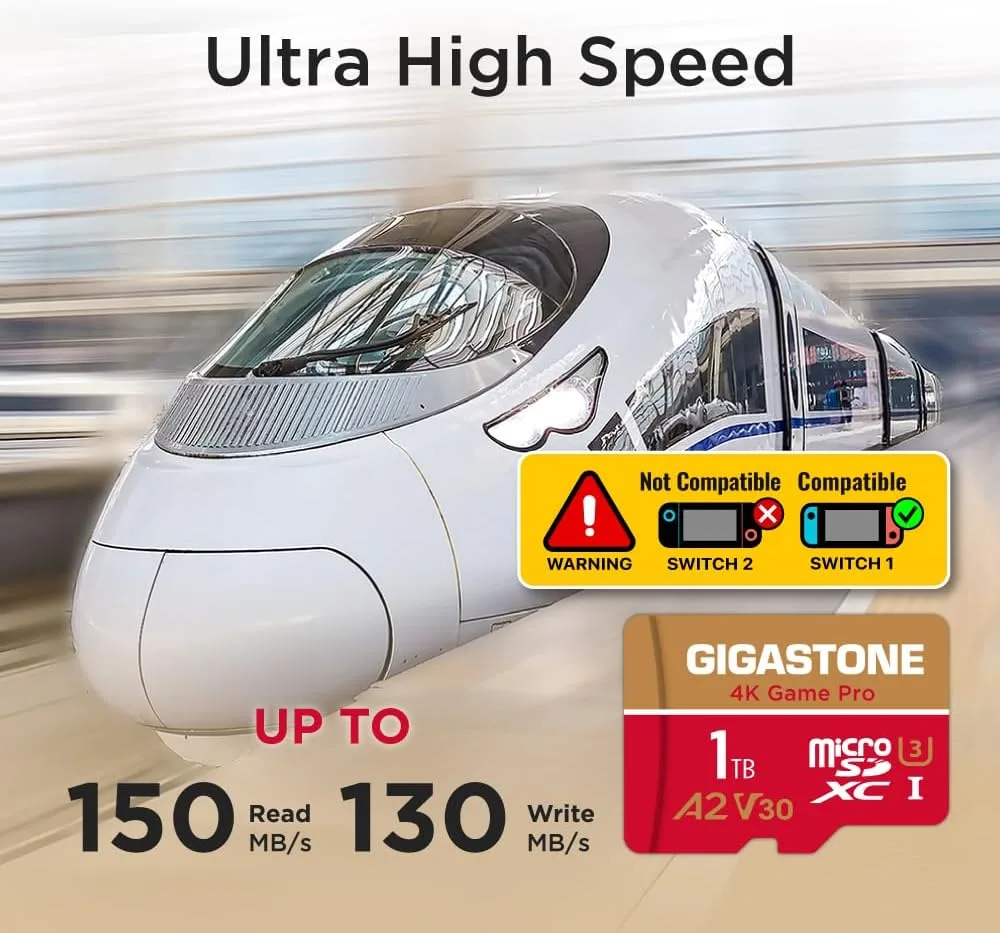 【for Switch 1 Only】 GIGASTONE 1TB Micro SD Card, 4K Game Pro, MicroSDXC Memory Card for Gaming Console, Action Camera, UHD Video, up to 150/130 MB/s, UHS-I U3 A2 V30 C10【5-Yrs Free Data Recovery】