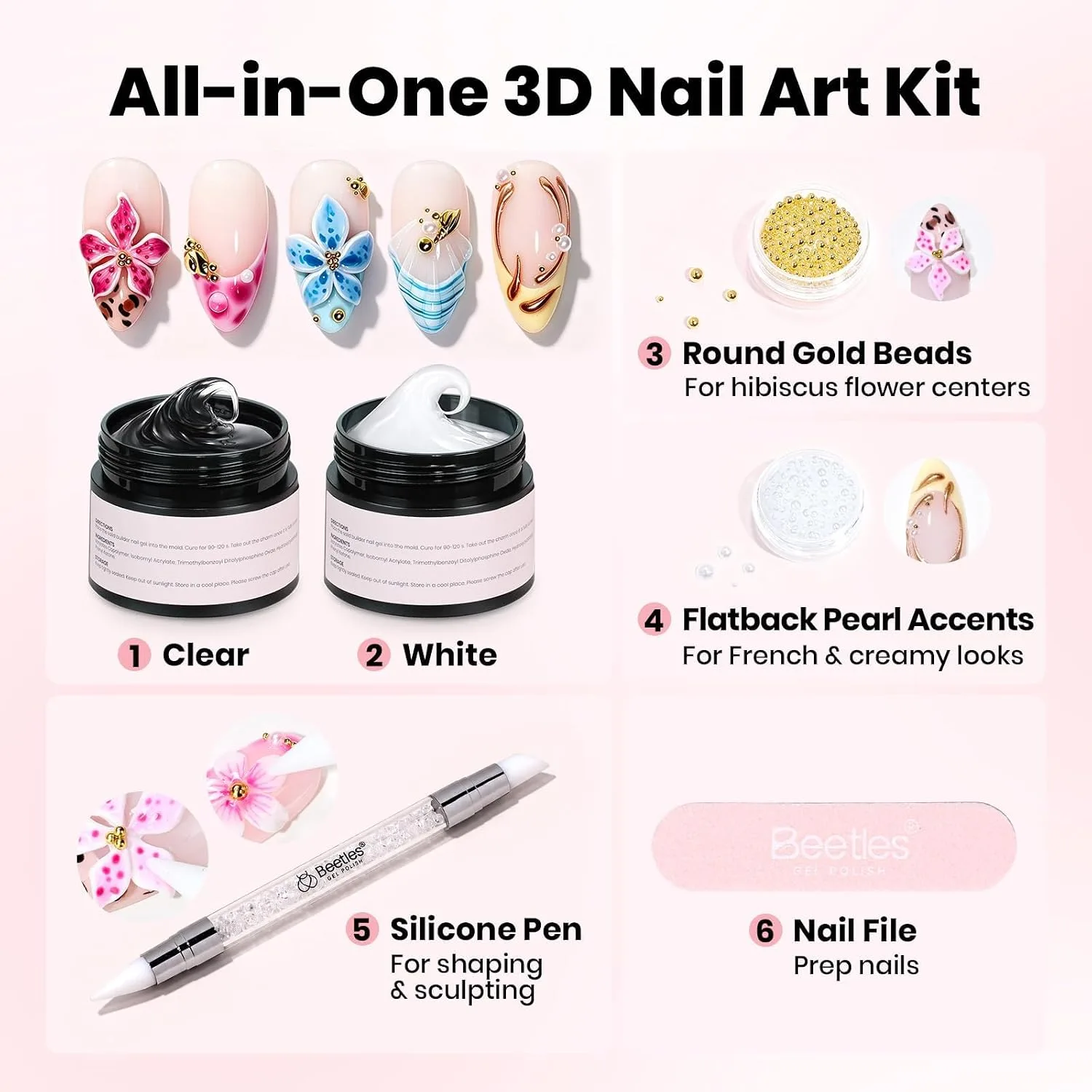Beetles 3D Sculpting Gel for Nail Art Clear & White, 2 Pcs 3D Gel Nail Art