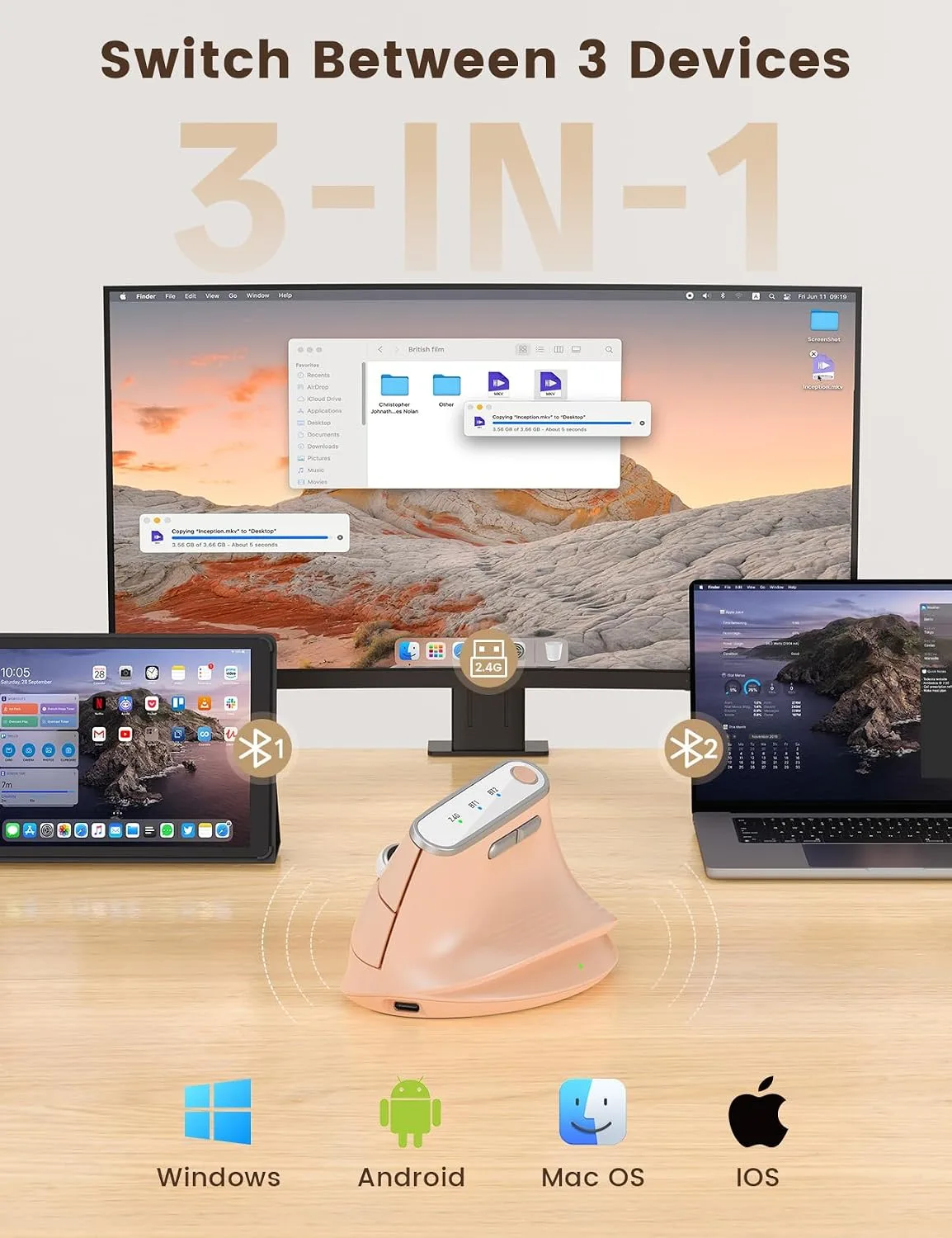 SABLUTE Ergonomic Vertical Wireless Mouse with 3-Device Switching MAM4