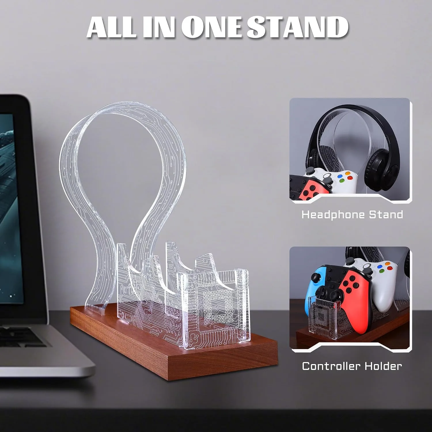 YuanDian Gamer Gifts for Teenage Boy, Desk Gaming Headset and Controller Stand with Blue Pink LED Night Light, Acrylic Wooden Controller Holder with PCB Pattern, Desk Decor Gift