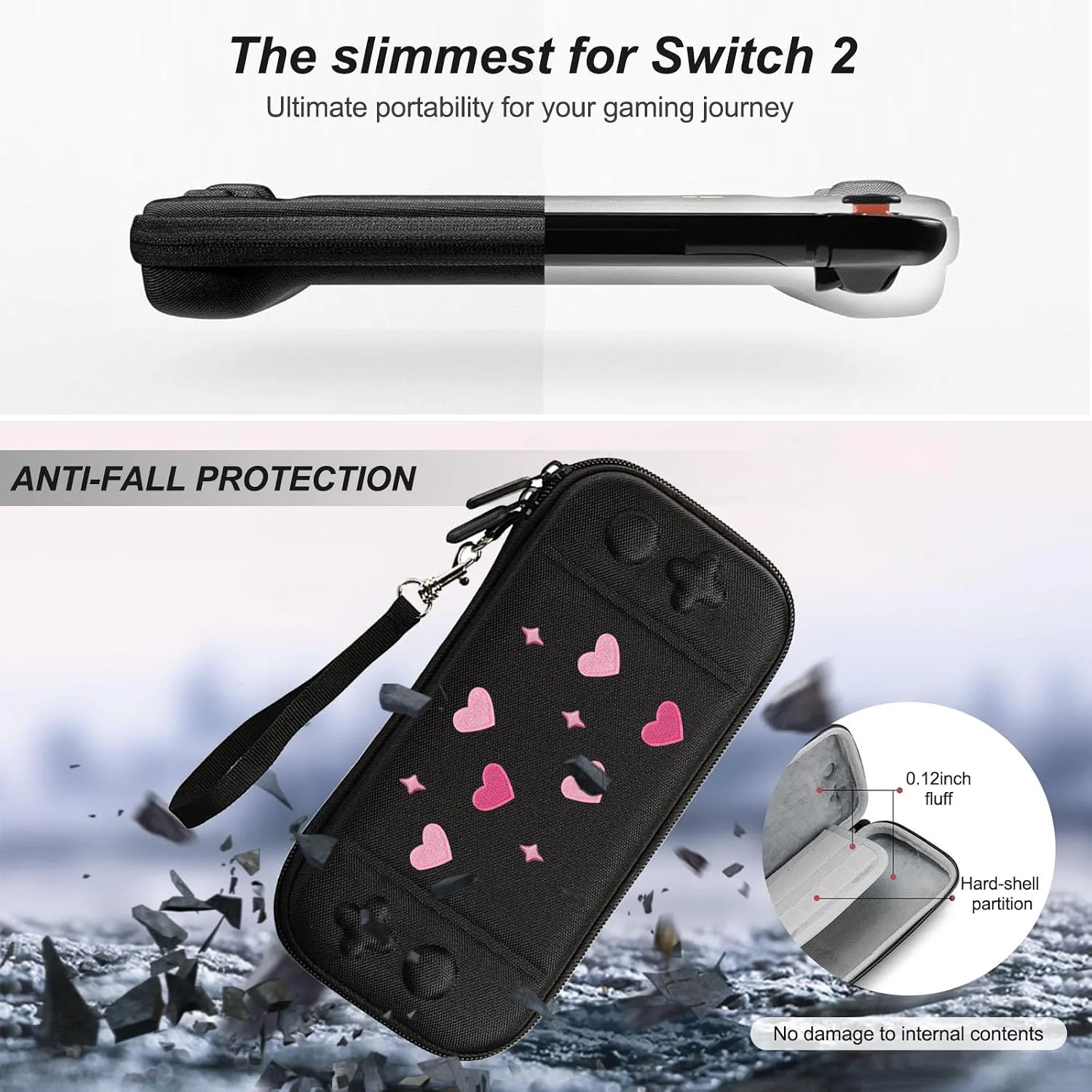 Cute Travel Carrying Case for Switch 2 2025 with Silicone j-con Covers, Thumb Grip Caps, Screen Protector, Love Heart Strap and Embroidery stickers for Girls Women, Black