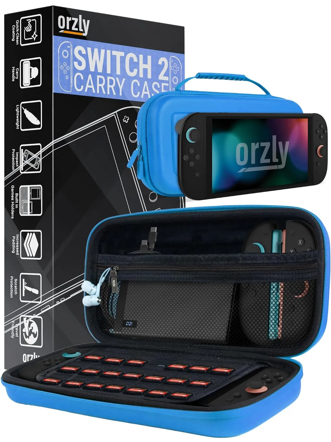 Orzly Case Compatible with Nintendo Switch 2 – Protective Travel Carry Case with Screen Padding, Game Card & microSD Slots, Zipped & Open Pockets for Accessories – 7.9" Gift Boxed