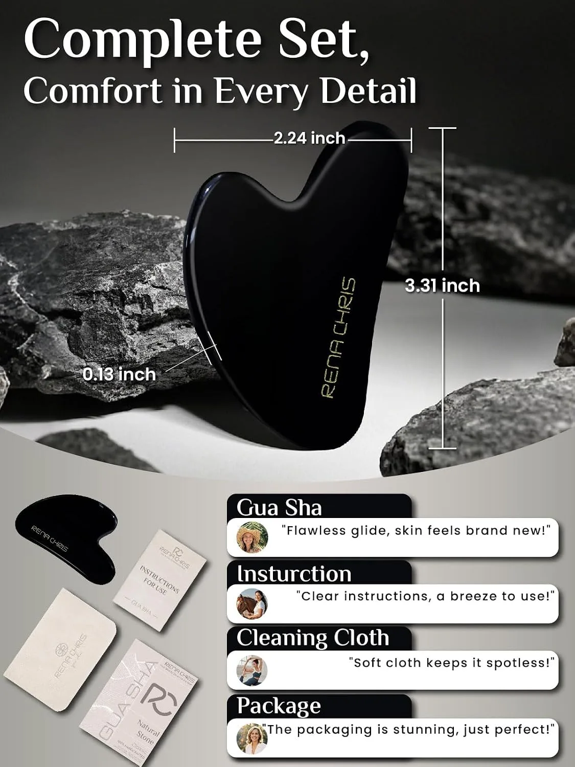 Rena Chris Gua Sha Facial Tools: Natural Obsidian Guasha Tool for Face Acupuncture Therapy, Facial Massager for Jawline Sculpting and Puffiness Reducing (Black)