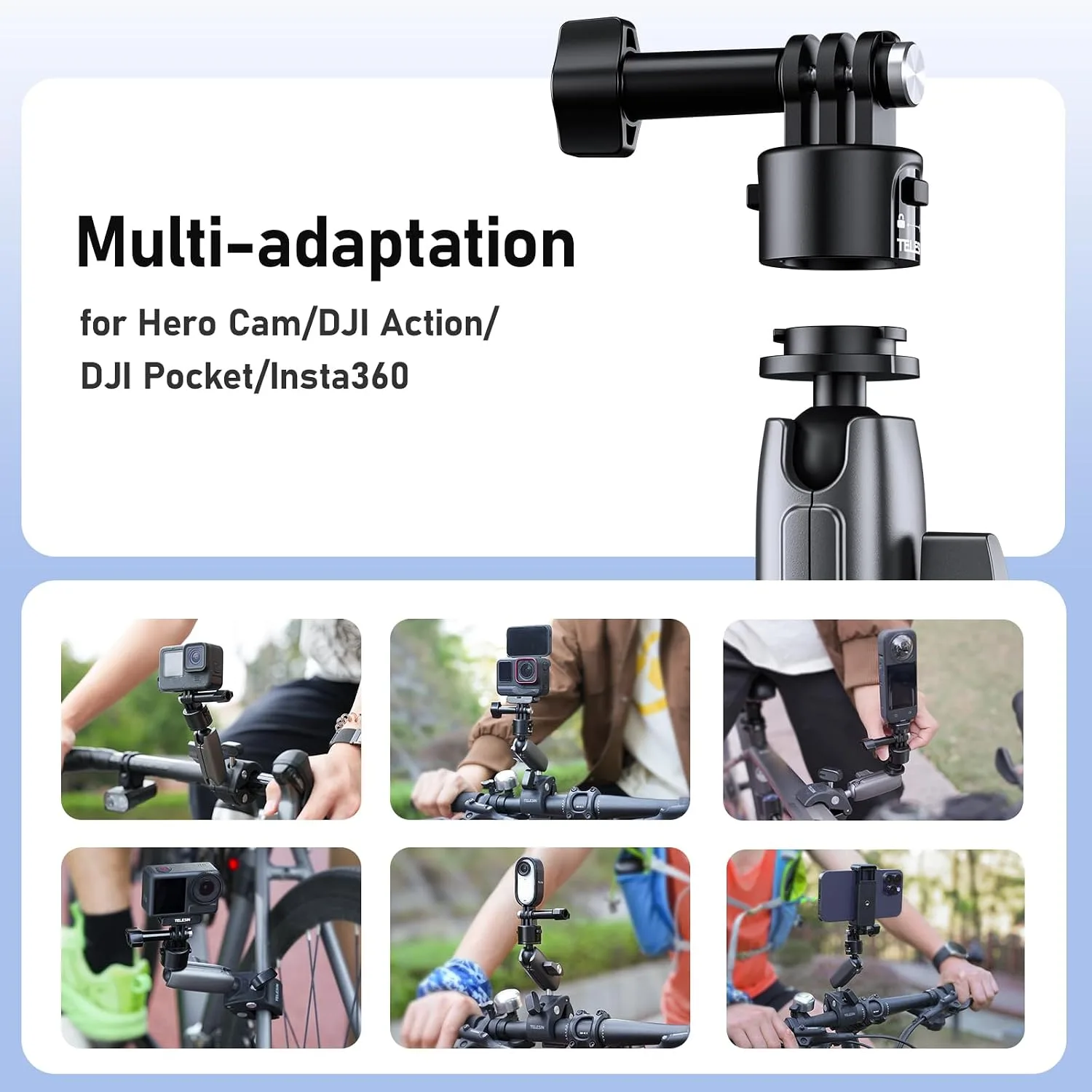 TELESIN S2 Quick Release Clamp Mount, Bike Motorcycle Handlebar Roll Bar Tube Clip Holder Attach Accessories for GoPro 13 12 11 10 9 8 Insta360 X5 X4 X3 GO3 Ace Pro 2 DJI Action 3 4 5 Pro Pocket 3