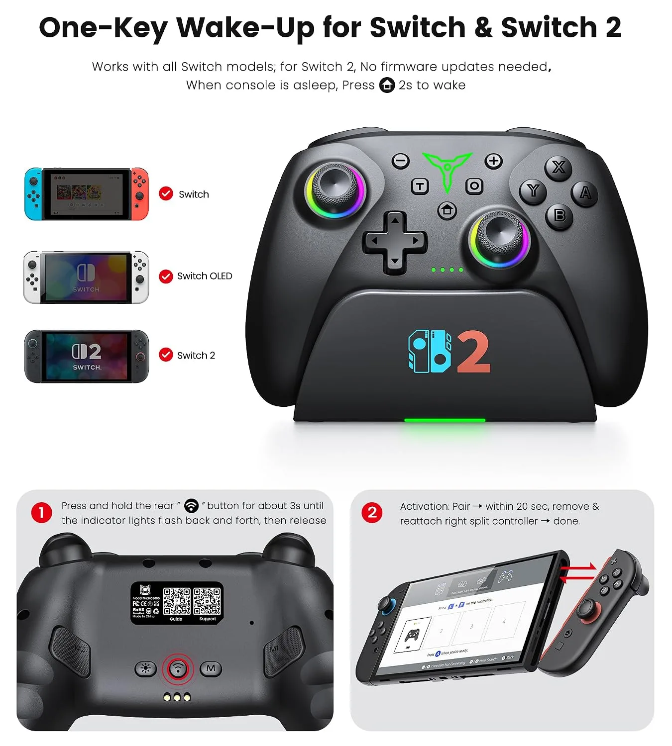 Spican Switch 2 Controller for Nintendo Switch 2/Switch/OLED/Lite, Wireless Switch Controller with Charging Dock, RGB Switch Pro Controller with Hall Effect, Macro, Turbo and Vibration, Black