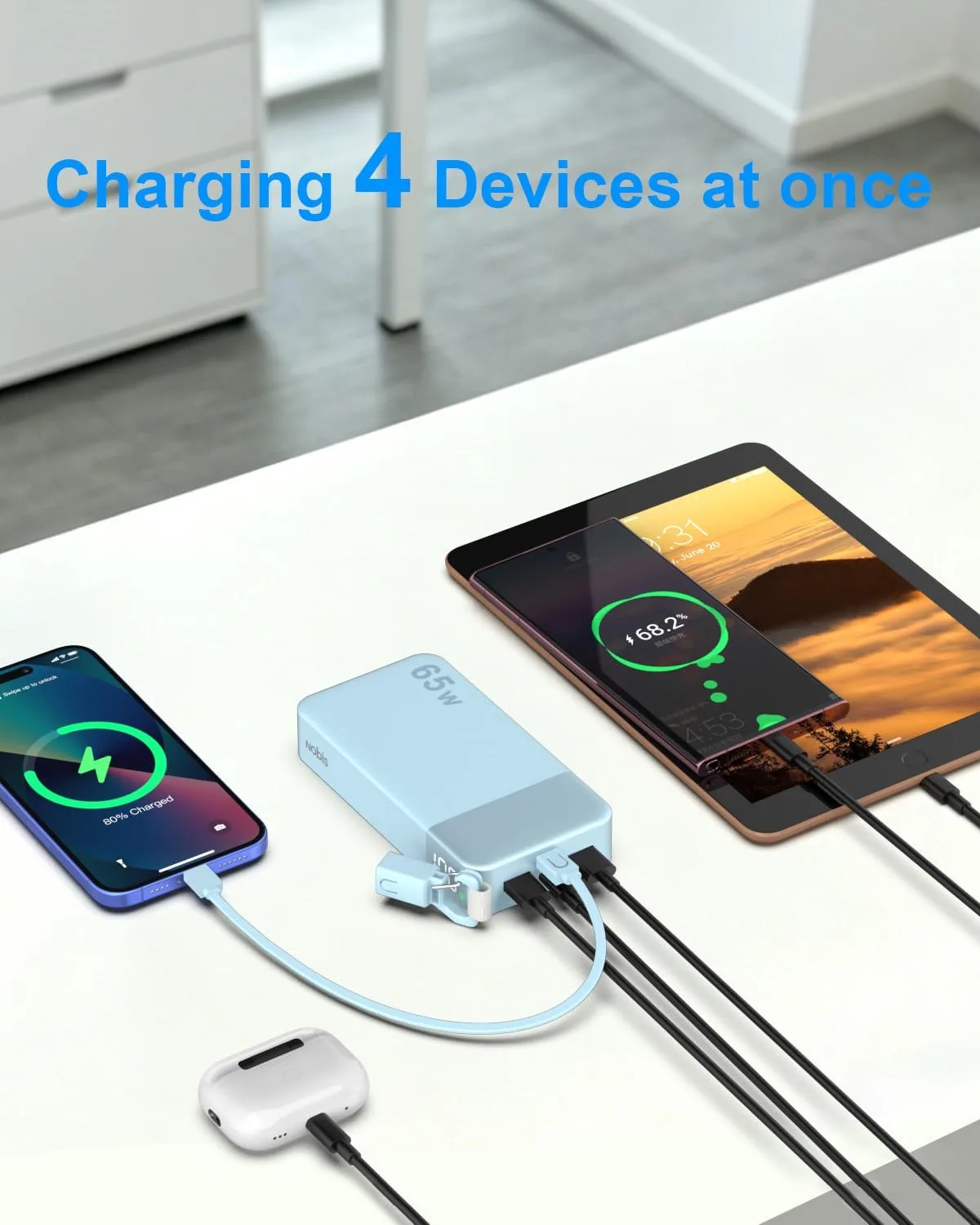 NOBIS Portable Charger 65W 20000mAh Power Bank with Detachable C-Cable