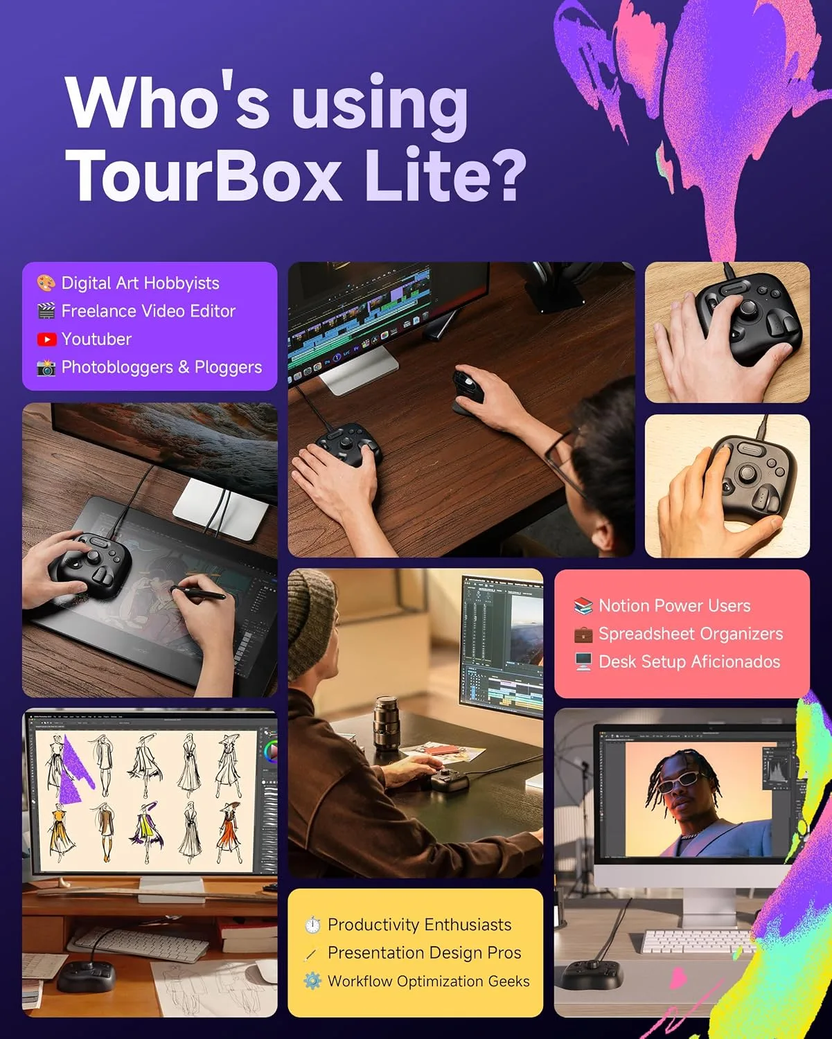 TourBox Lite Bluetooth Creative Controller, Custom Control, Wireless, Black