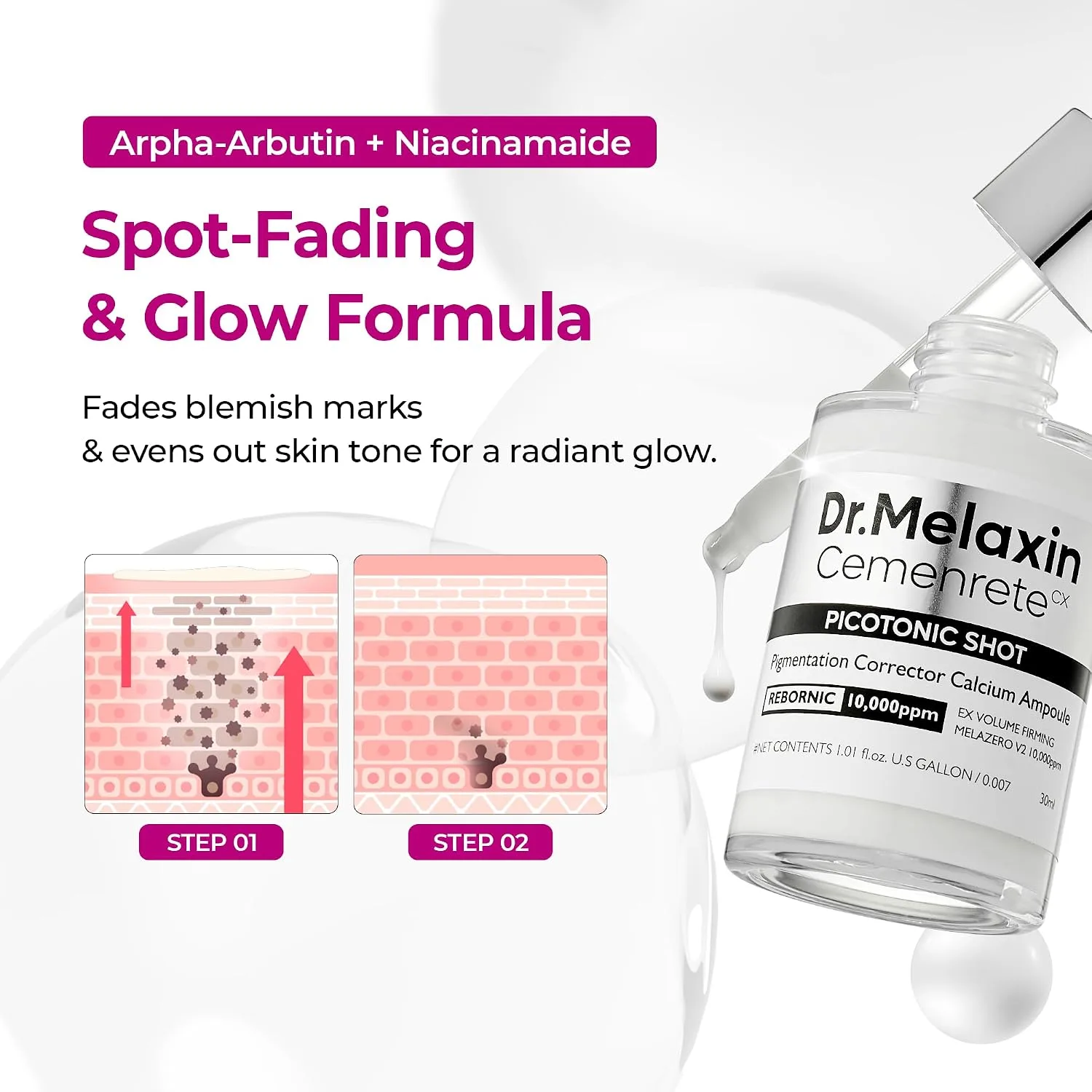 Dr.Melaxin Picotonic Shot Serum 1.01 fl.oz - Alpha-Arbutin and Niacinamide Dark Spot Corrector Serum, Pigmentation Corrector for Uneven Skin Tone, Blemish Marks, K-Beauty Face Serum