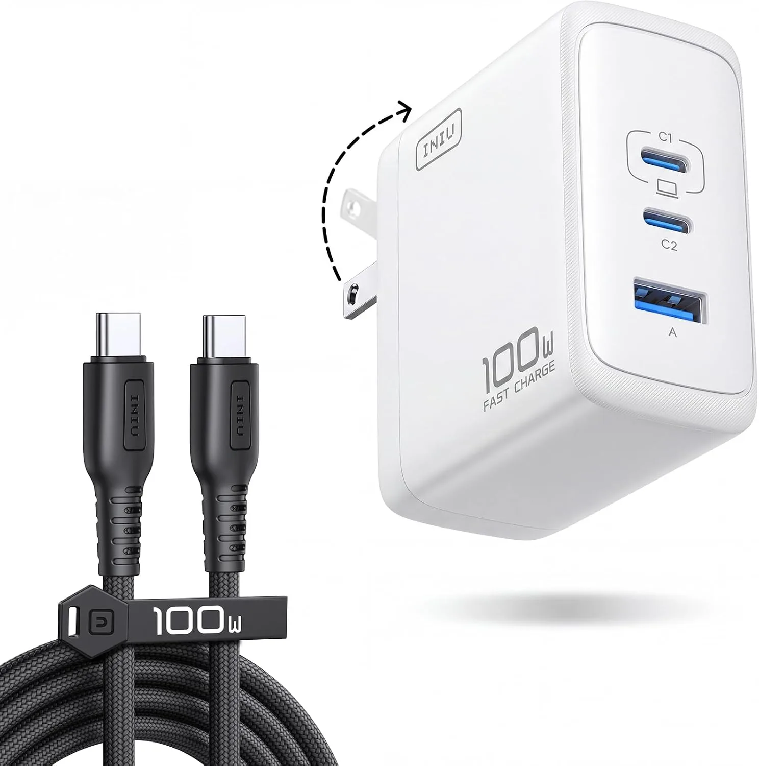 INIU 100W USB C Laptop Charger, GaN Fast Charging Block for with 100W Cable