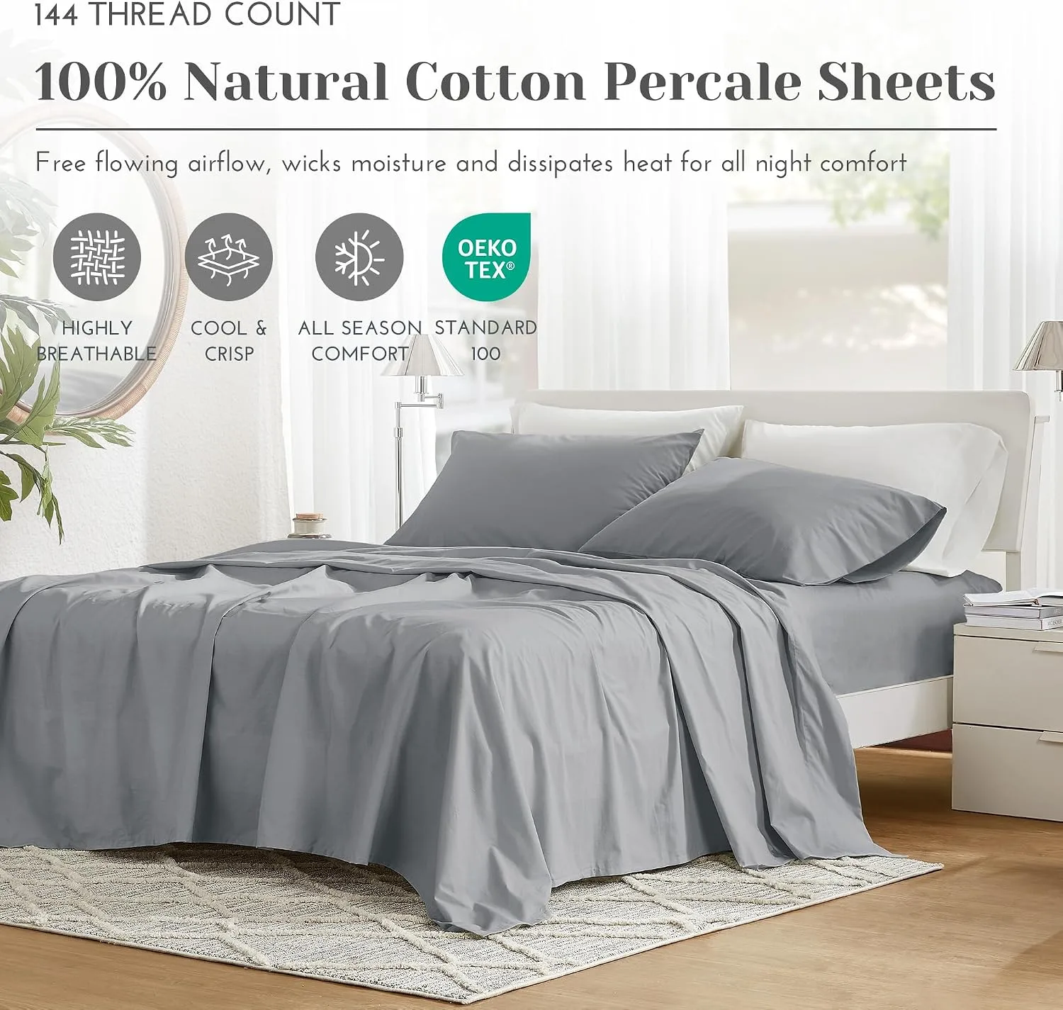 Comfort Spaces 100% Cotton Percale Sheets Queen Sheet Set 4 Pcs, Dark Gray