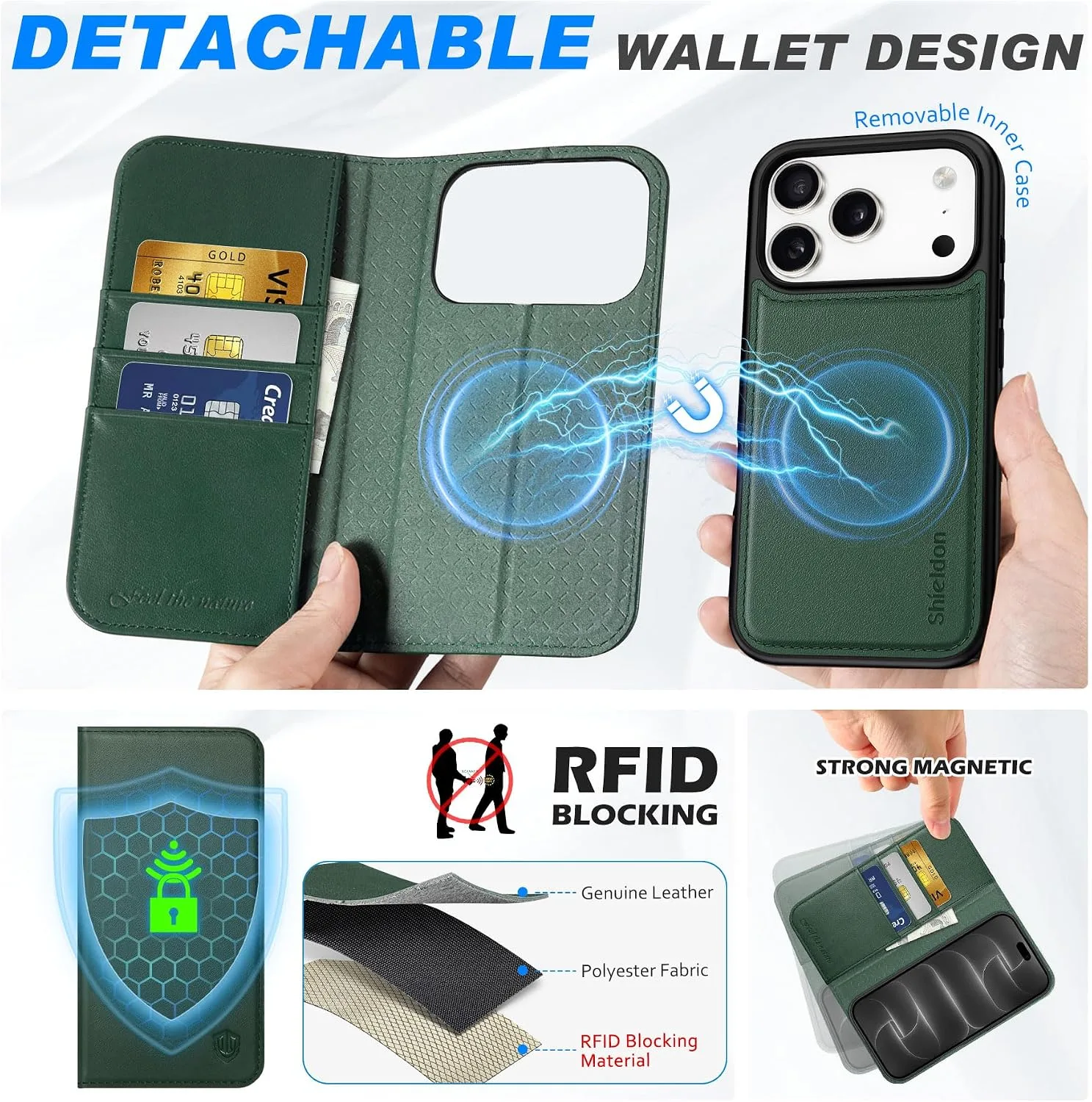 SHIELDON Detachbale Leather Wallet Case for iPhone 18 Pro/17 Pro, Evergreen