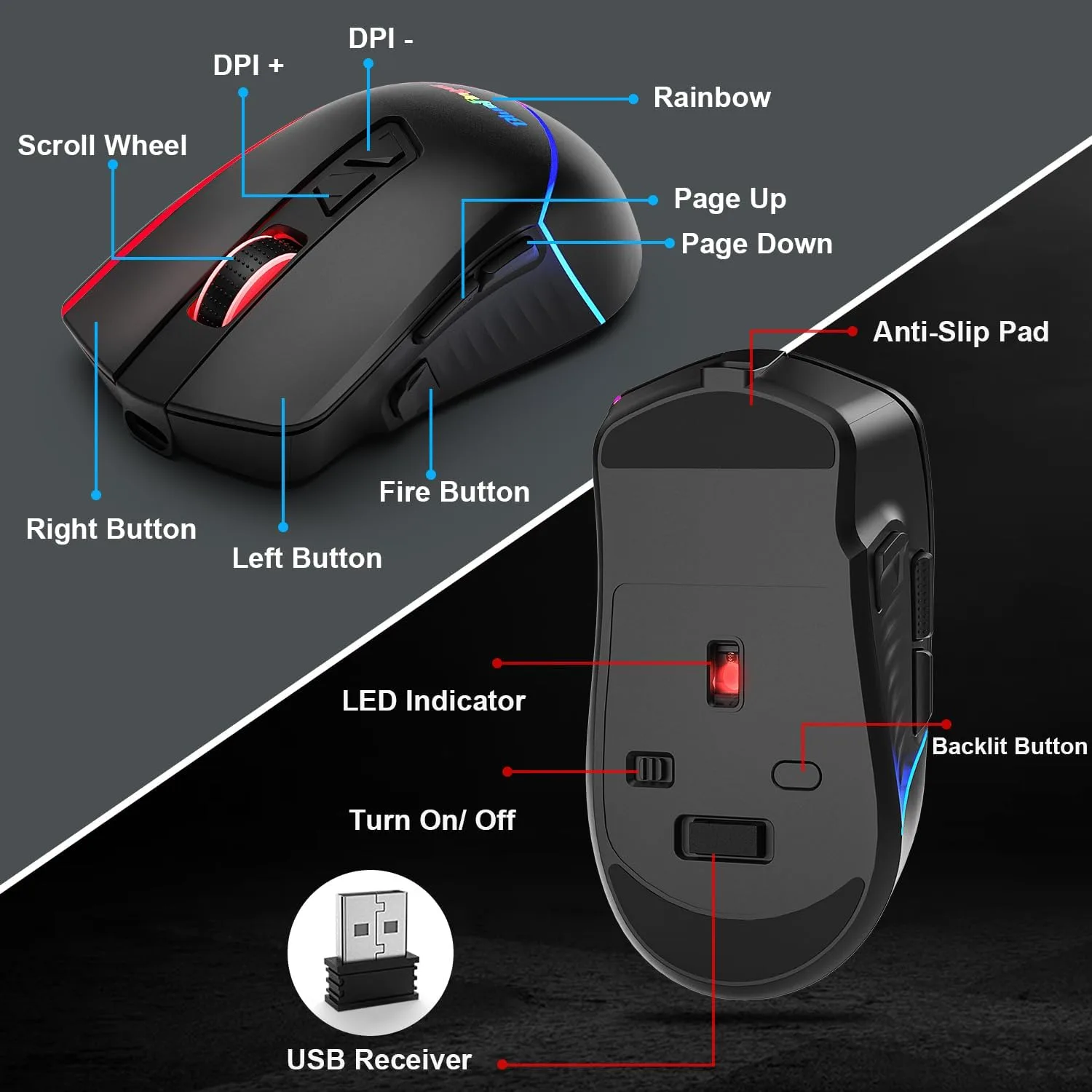 BlueFinger Wireless Keyboard and Mouse Combo, Long Lasting Rechargeable Battery 87 Keys RGB Rainbow Backlit Gaming Keyboard & Ergonomic Light Up Gaming Mouse for Mac Laptop Computer PC Gamer
