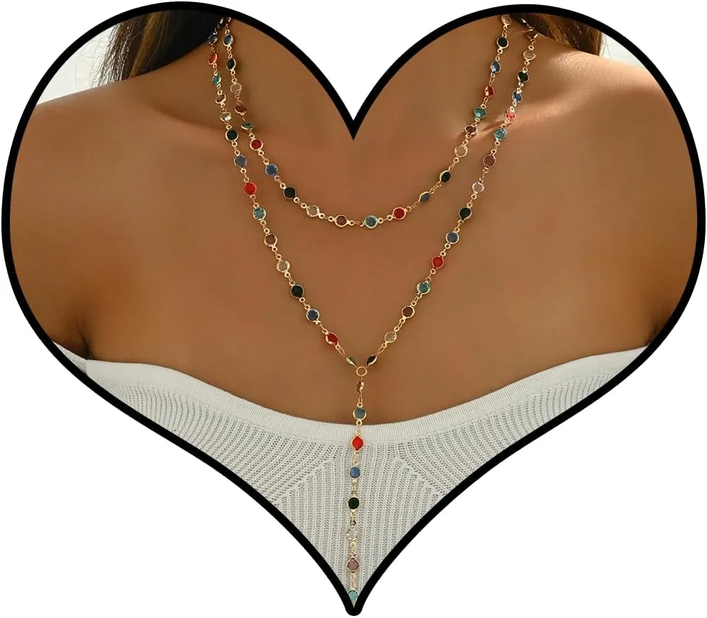 Colorful Y Shaped Necklace for Women Trendy Long Multi Color Crystal Lariat Necklace Sparkly Gemstone Chest Chain Summer Deep V-Neck Dress Outfits Jewelry Accessories