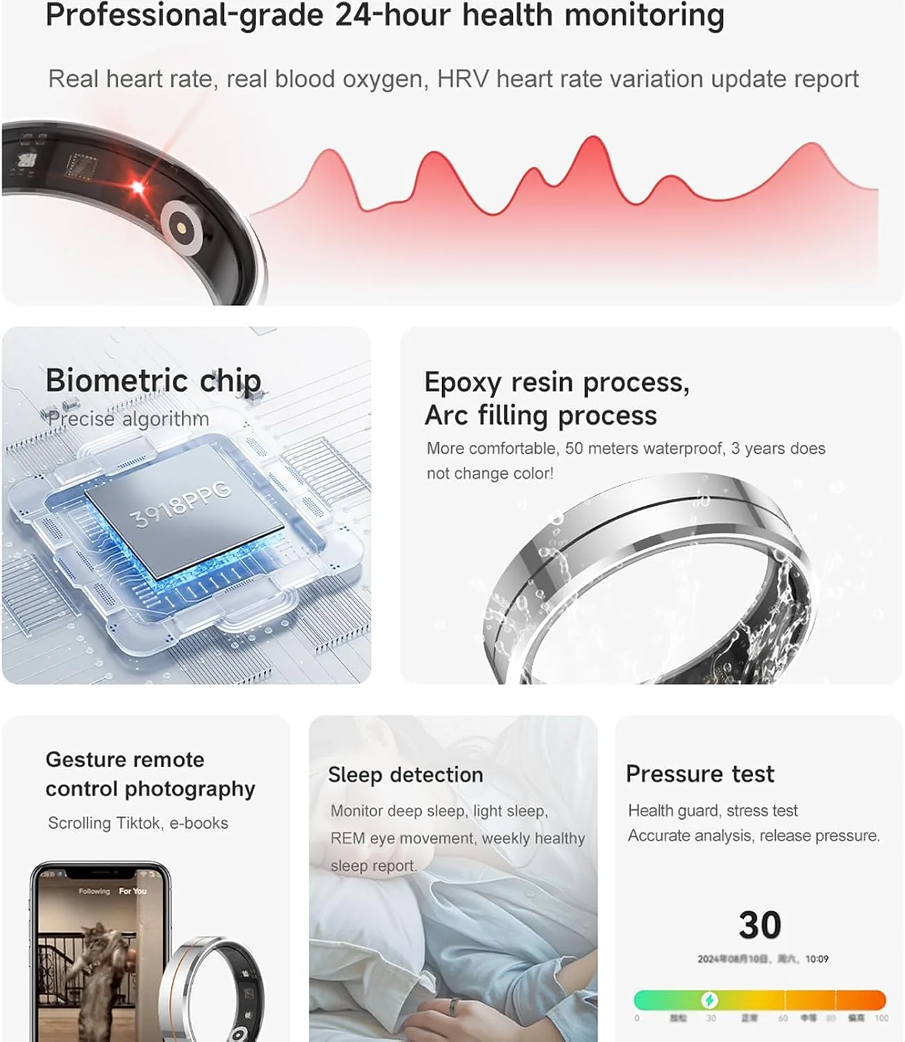 Smart Ring for Women & Men, Health Tracker with Blood Oxygen Monitor, Heart Rate & Sleep Monitor, Waterproof Fitness Ring Long Lasting Battery Sleep Ring for iPhone and Android, No Subscription Fee