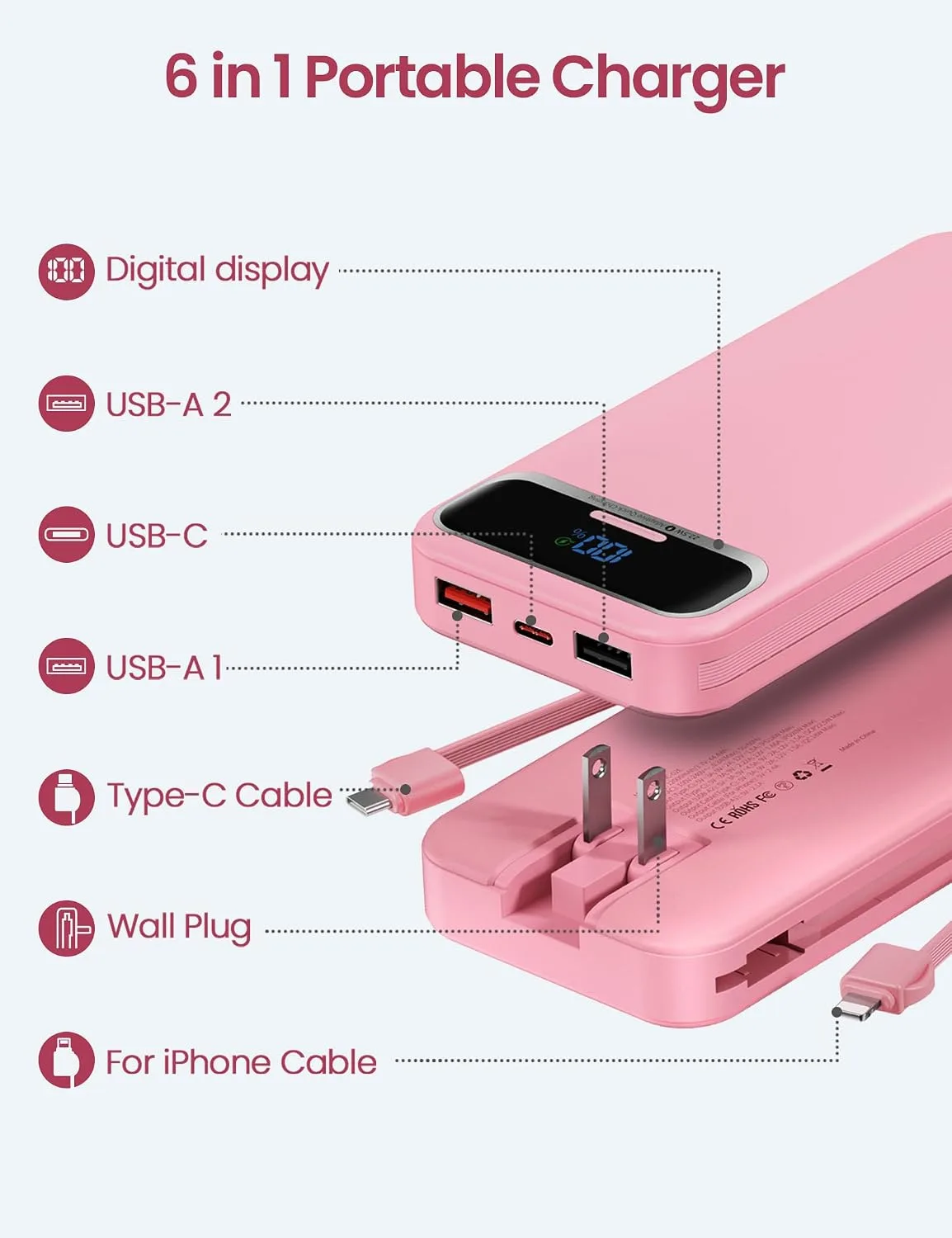 aonidi Portable Charger 12000mAh with Built-in Cables&AC Wall Plug, Pink
