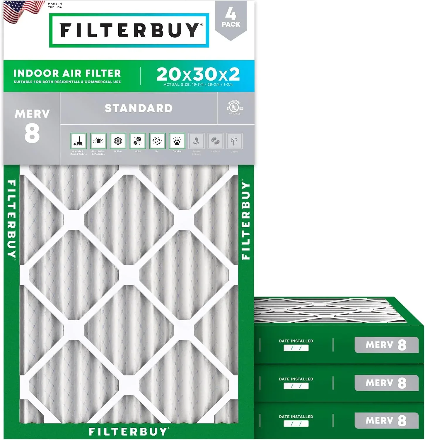 Filterbuy 20x30x2 Air Filter MERV 8 Dust & Allergy Defense (4-Pack)