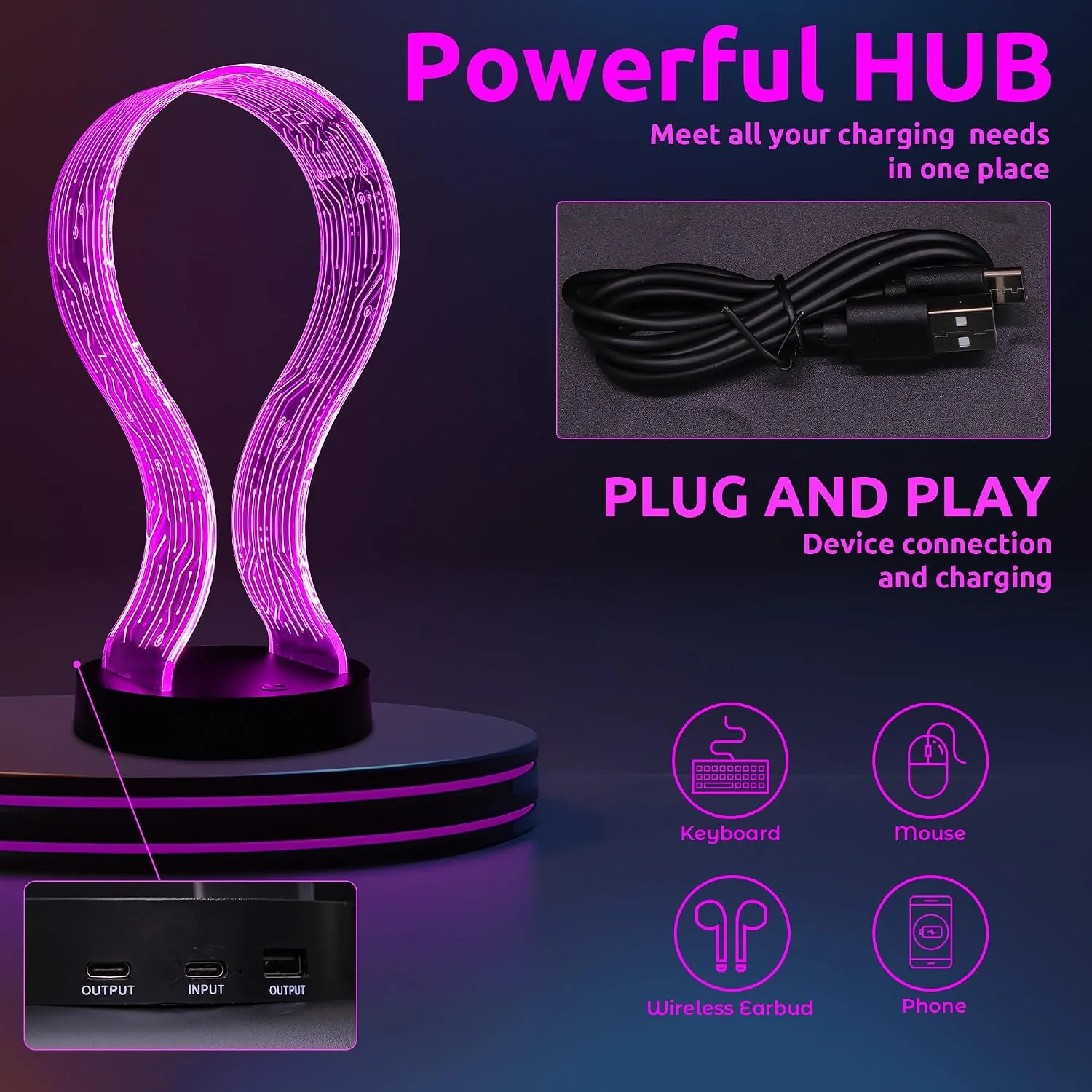 Lampeez Light Up Headphone Stand, Acrylic Desk Accessory Headset Holder with PCB Pattern and 16 Color LED Lights, 1 USB and 1 Type-C Charging Ports, for Gamers Music Lovers Boys Men