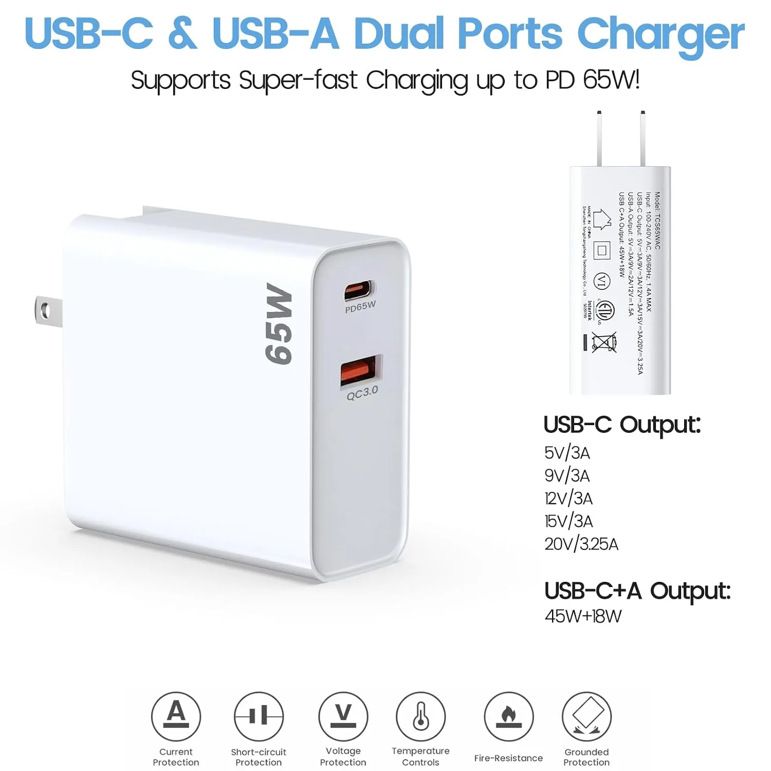 PD65W USB C Super Fast Charger for Meta Quest 3s & 3 & 2 VR Headsets, White