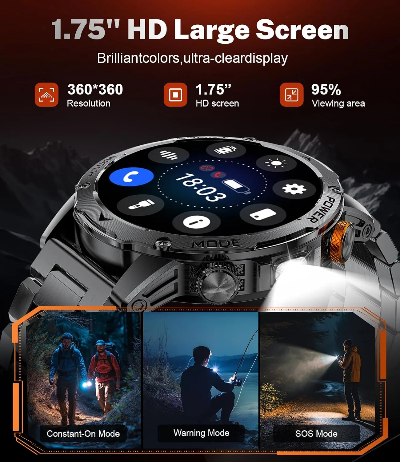 Smart Watch for Men with 1000mAh Battery/Flashlight, 1.75'' Military Smartwatch with 5ATM Waterproof/Heart Rate/Sleep Monitor,Answer Make Calls Fitness Tracker for Android iPhone Black