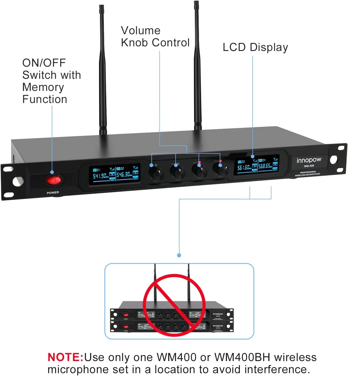 innopow 4-Channel Wireless Microphone System, Quad UHF Metal Cordless Mic, 2 Handheld Mics, 2 Bodypack Mics, Long Distance150-200Ft, Fixed Frequency, 16 Hours Use for Karaoke Singing, Church